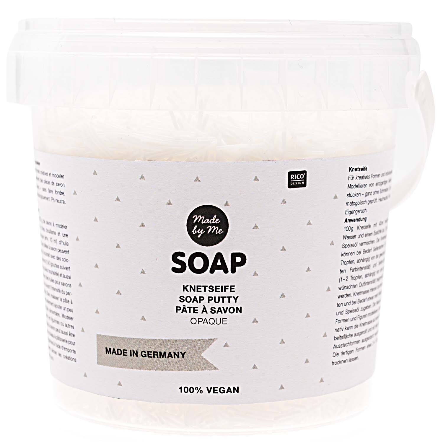 Knetseife weiß-opak 300g von Rico Design in einem transparenten Eimer mit veganem Label.