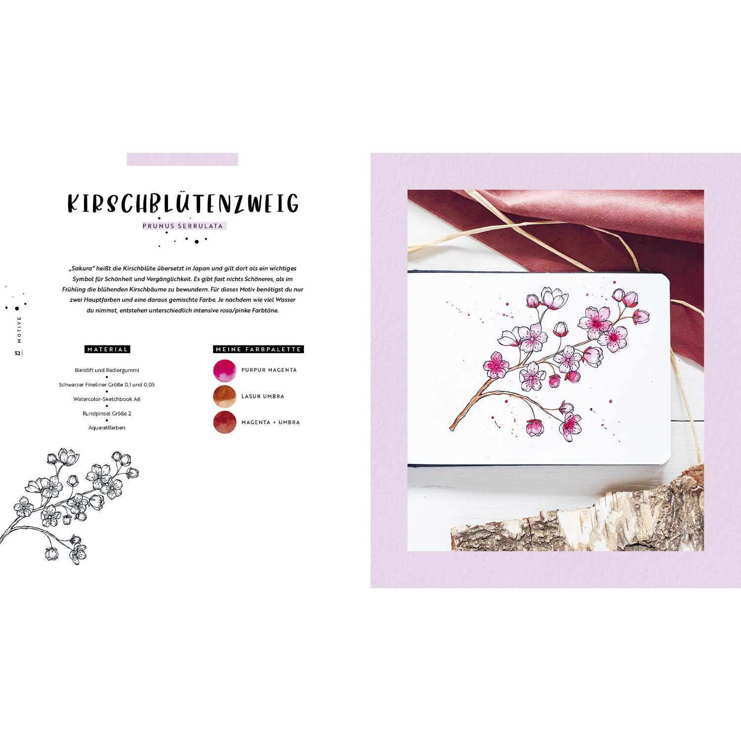 Watercolor - Florale Motive aus Wiese, Wald & Garten: Kirschblütenzweig in zarten Rosa- und Weißtönen auf einer Leinwand, präsentiert von EMF.