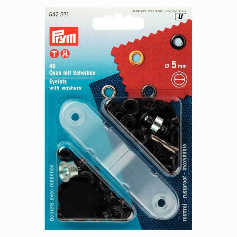 Ösen mit Scheiben brüniert 5mm 40 Stück von Prym in schwarzer Verpackung mit sichtbaren Ösen und Scheiben.