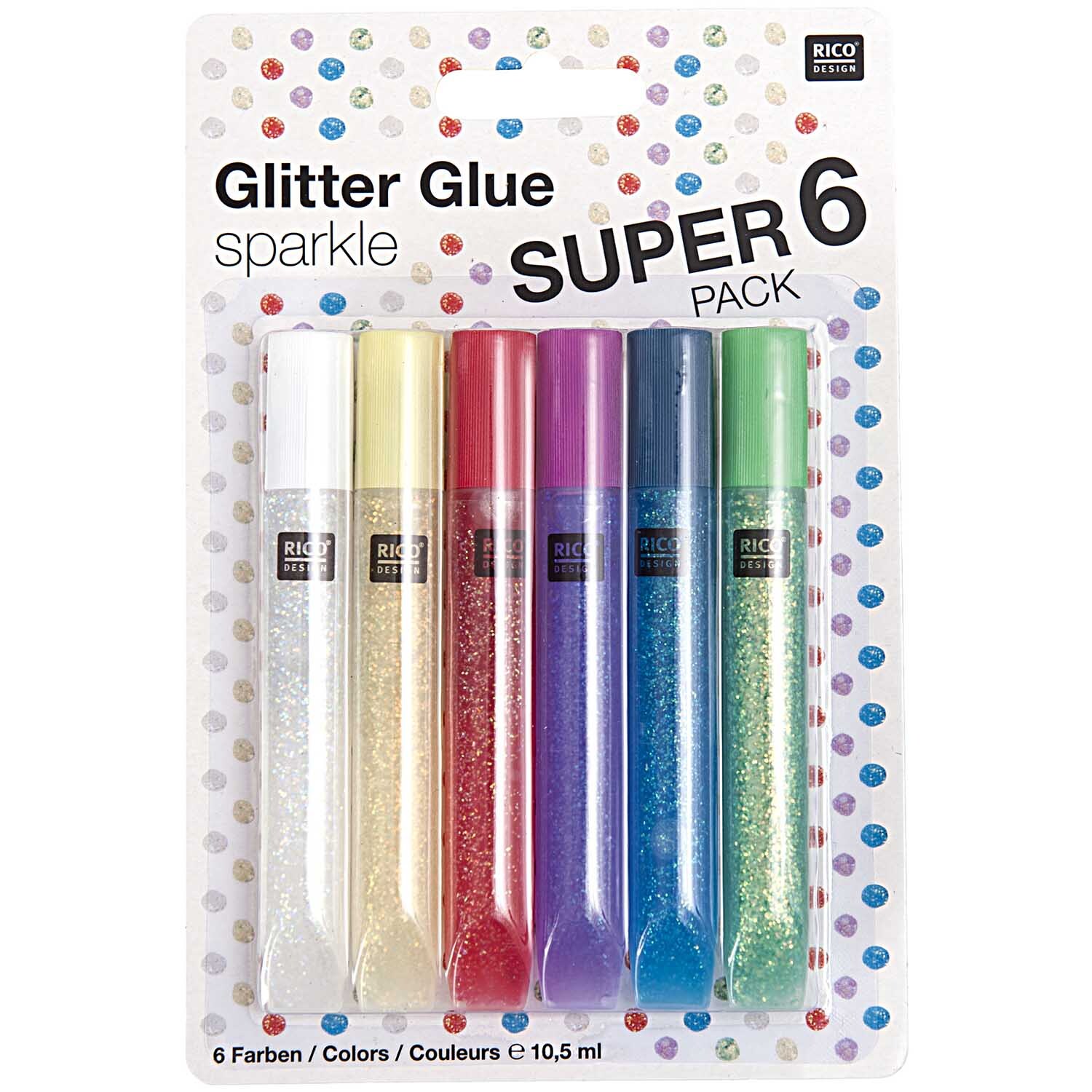 Glitter Glue sparkle 6x10,5ml von Rico Design: Sechs bunte Glitzerkleber in einer Verpackung. Ideal für kreative Bastelprojekte.