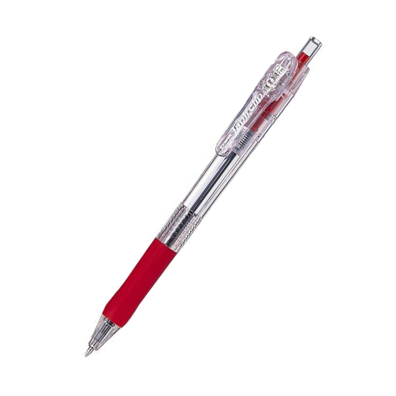 Roter Kugelschreiber Tapli Clip von ZEBRA, 0,5mm Spitze. Das Bild zeigt die Produktvorderansicht mit transparentem Gehäuse und rotem Griff. Ideal für präzises Schreiben.
