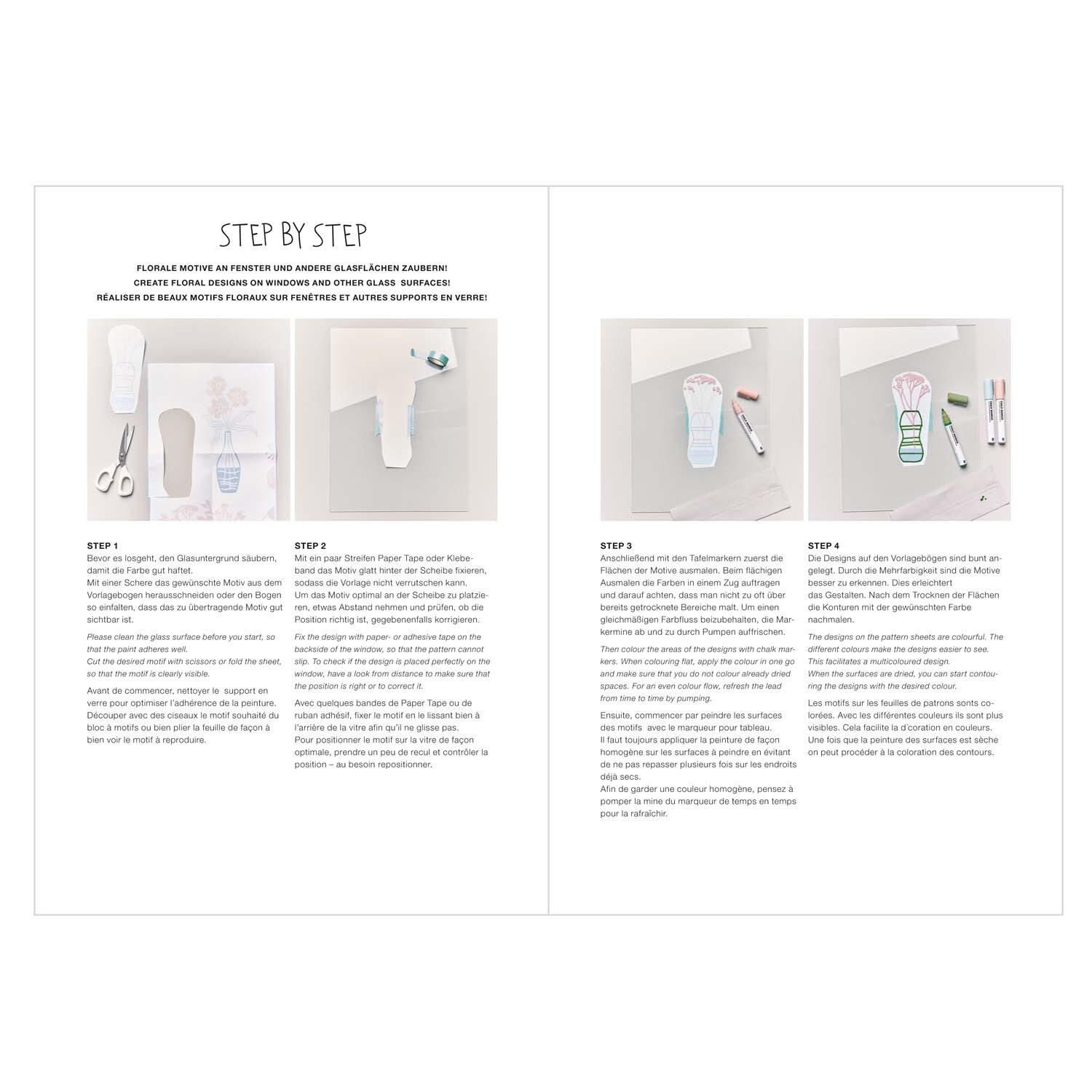 Vorlagenmappe Transformation Fenster- und Glasmalerei zeigt Schritt-für-Schritt-Anleitung mit Kreidestiften von Rico Design.