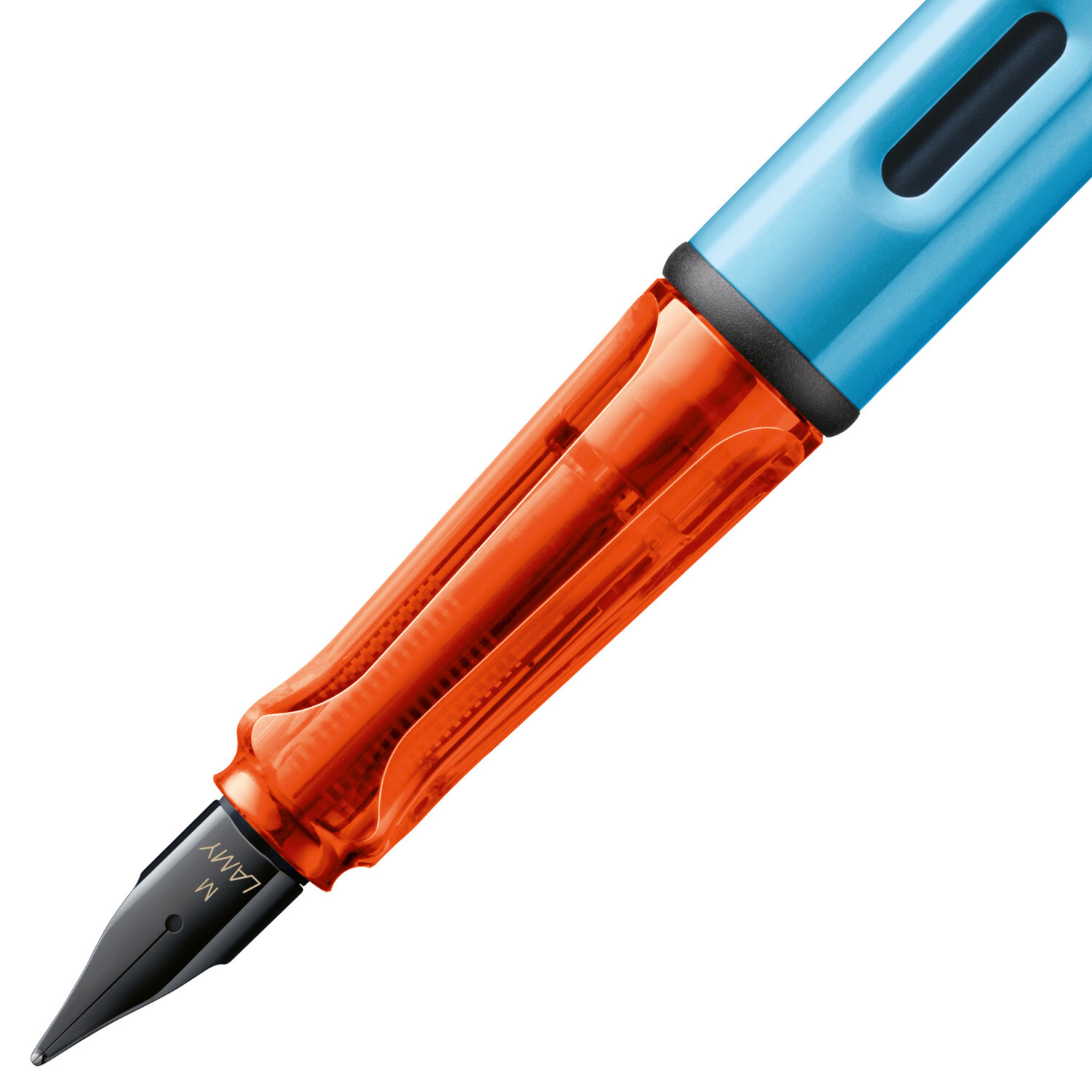 Füllhalter AL-star mit mittlerer Feder von Lamy in Denim-Blau und transparentem Orange.
