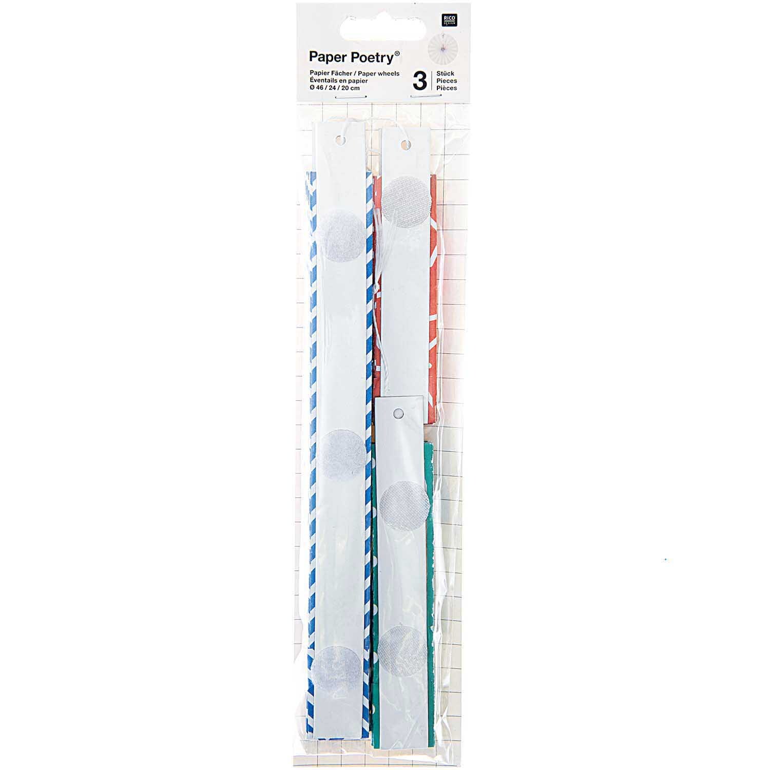 Fächer mehrfarbig Papier 3 Stück von Rico Design, ideal für kreative Projekte und Dekorationen. Enthält drei bunte Papierfächer in einer Verpackung.