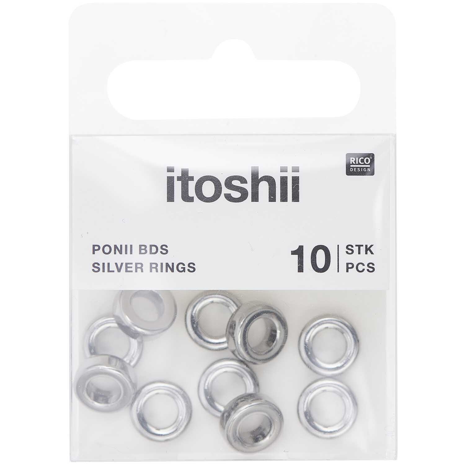 Itoshii Ponii Beads Ringe in Silber, 10 Stück von Rico Design, in einer transparenten Verpackung.