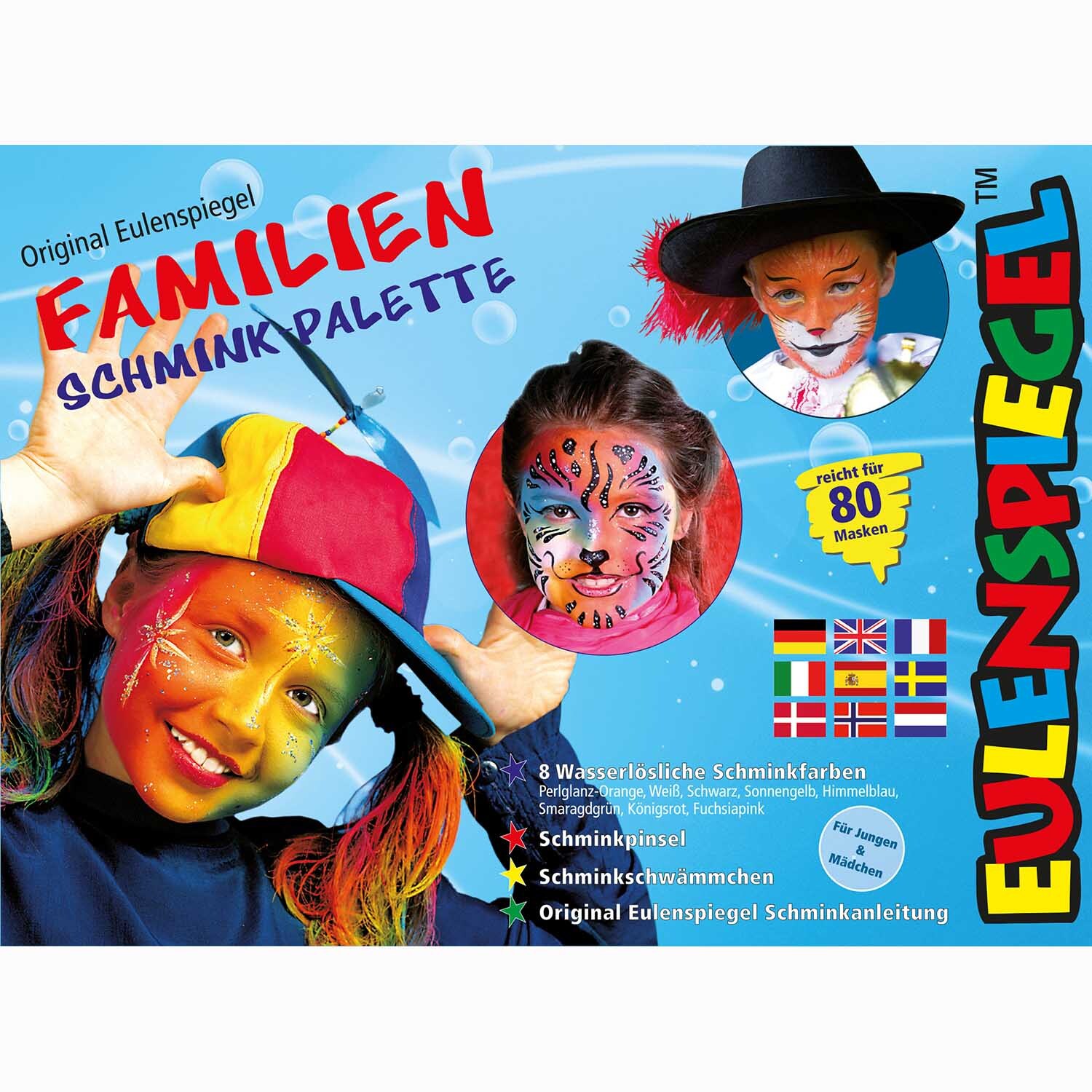 Familien Schminkpalette mit bunten Designs, ideal für kreative Gesichter. Marke: Eulenspiegel.