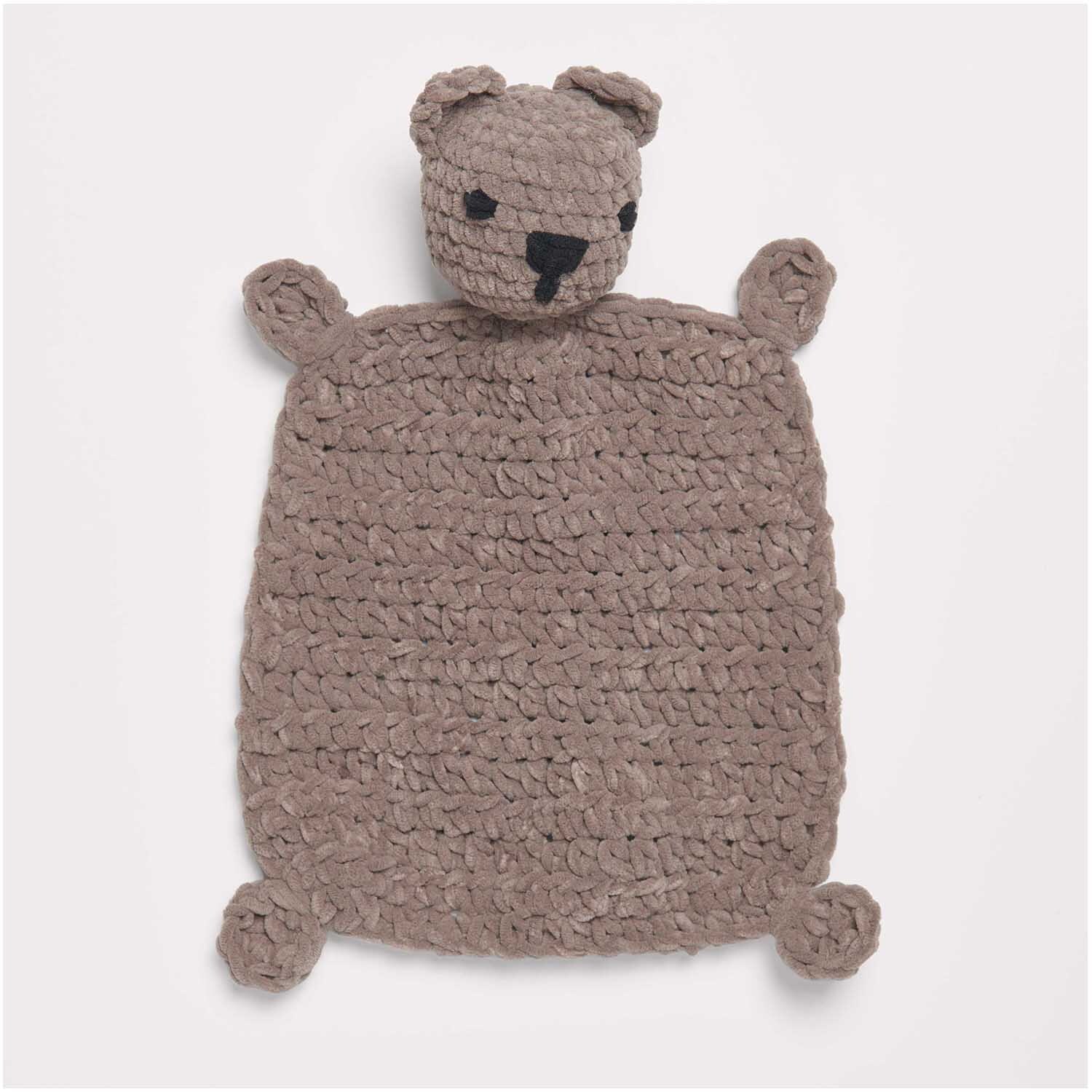 Häkelset Schmusetuch Bär Modell 19 aus Baby Chenillove: Weiches, braunes Tuch mit Bärenkopf und Ohren, ideal für Babys.