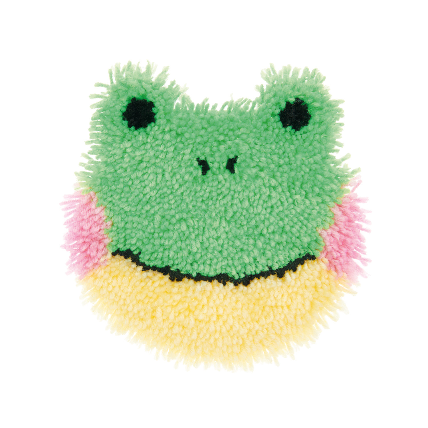 Rico Hooki Hooki Knüpfset Wandbehang Frosch zeigt einen bunten Frosch mit grünen, rosa und gelben Farben. Ideal für kreative Projekte.