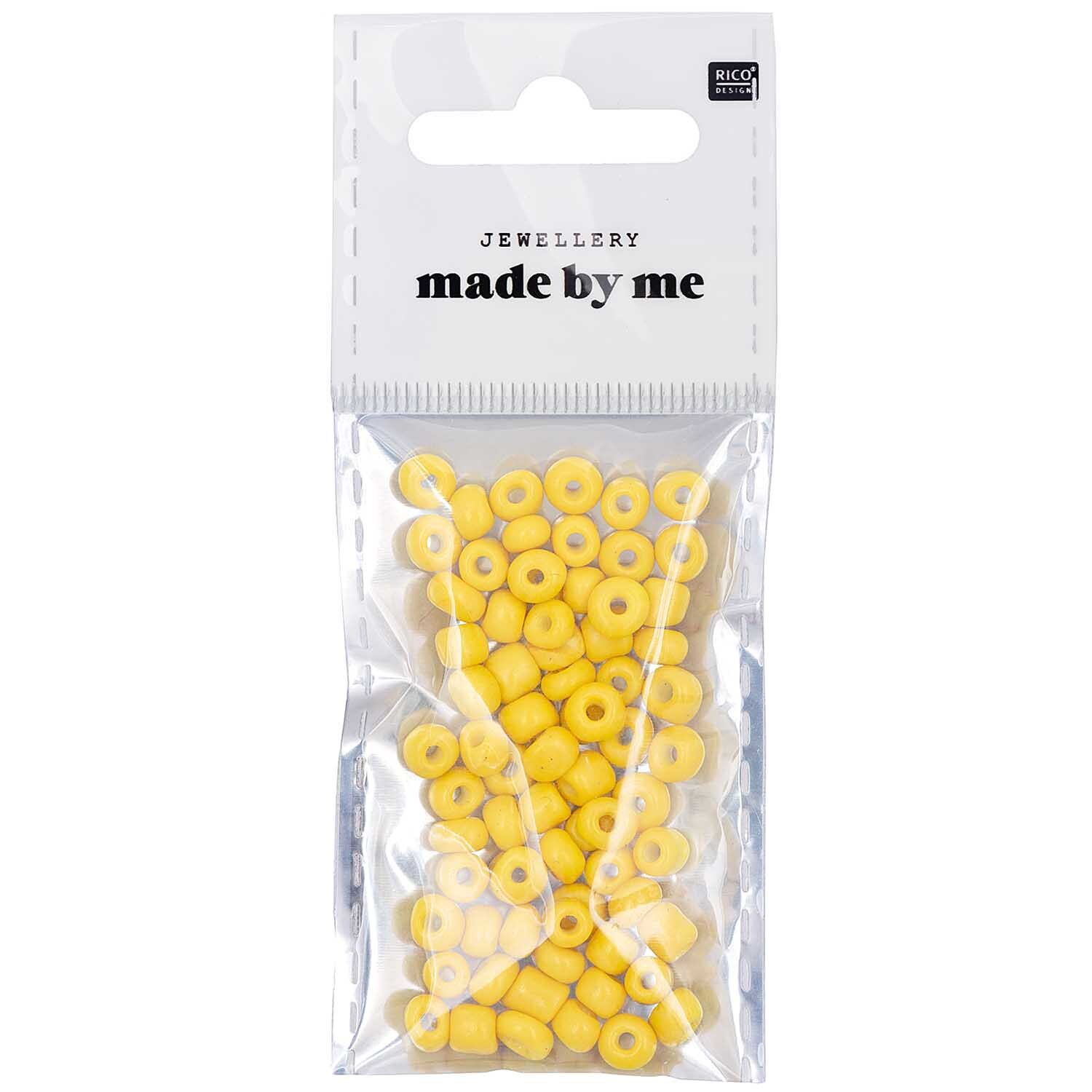 Keramik-Perlen natur 5mm 12g: Gelbe Perlen von Rico Design in einer transparenten Verpackung für Schmuckherstellung.