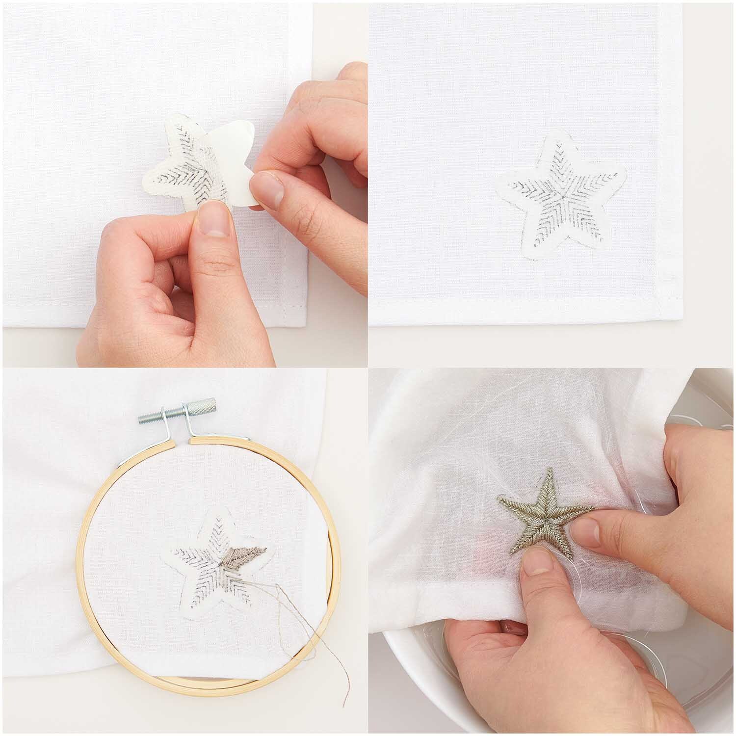 Stick and Stitch Stickpackung Merry Christmas vorgezeichnet: Hände sticken weißen Stern auf Stoff mit Rico Design Set.