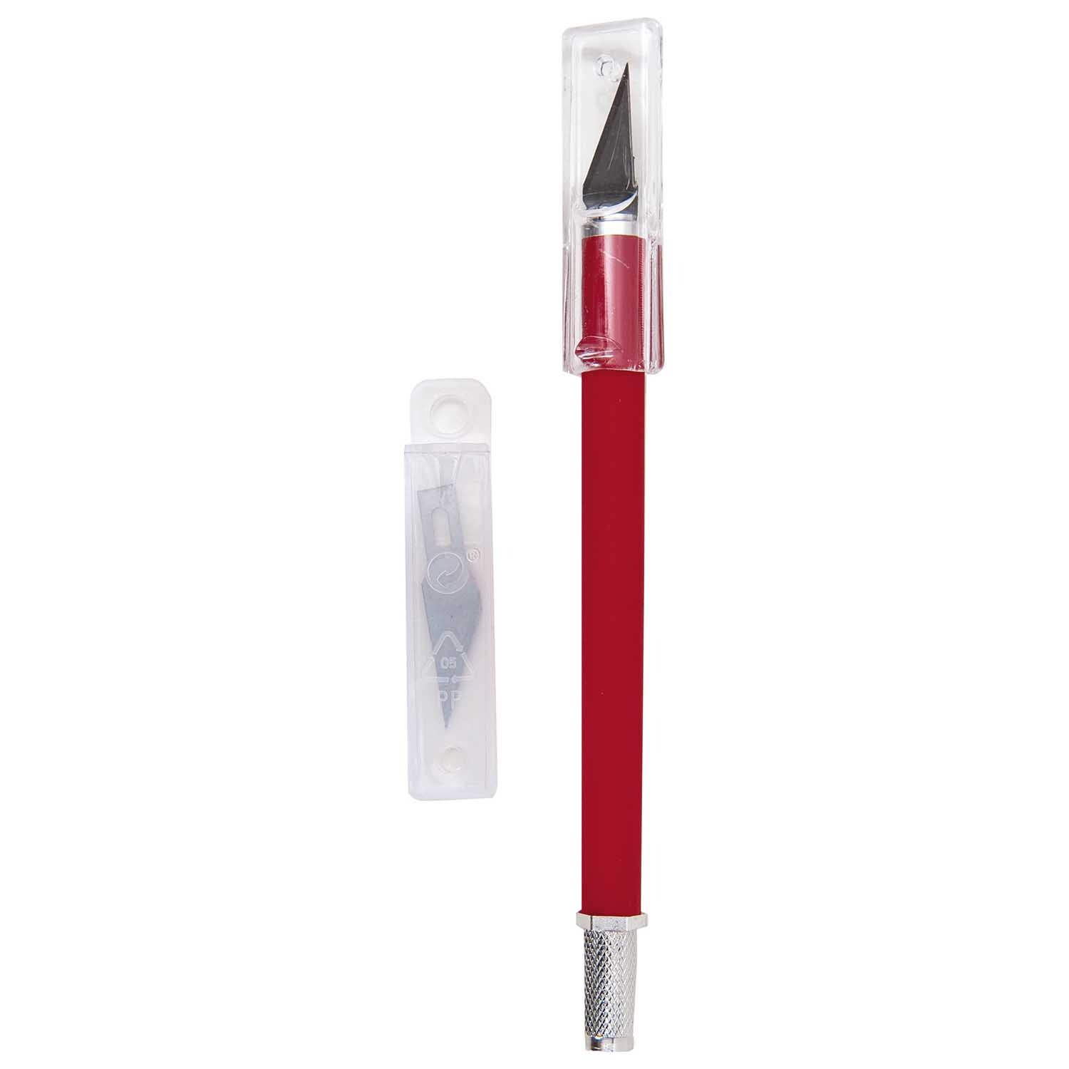 Bastelskalpell spitz mit Kunststoffgriff von Rico Design, roter Griff, scharfe Klinge, ideal für präzises Schneiden in Bastelprojekten.