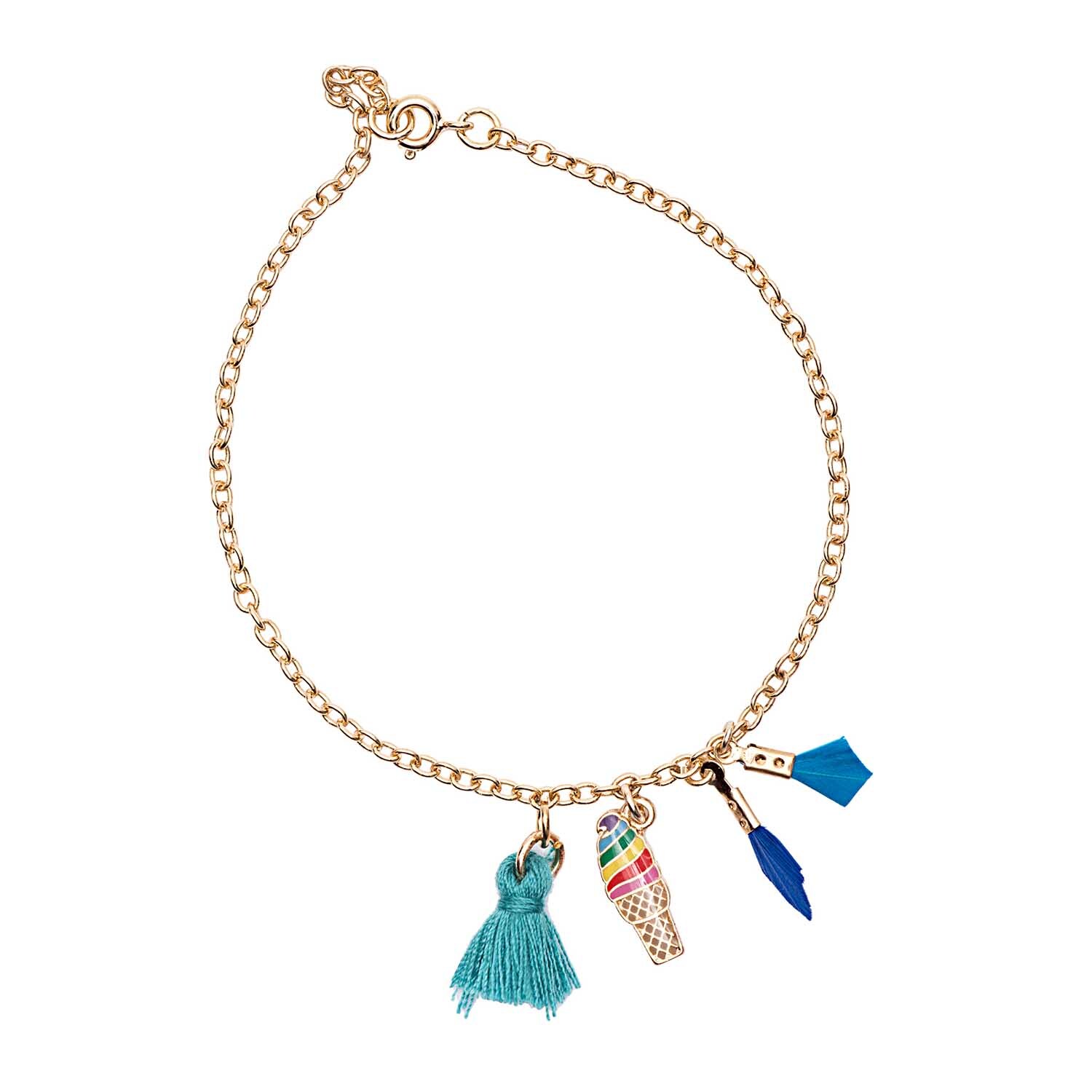 Anhänger Quasten Mix aqua 5 Stück von Rico Design: Goldene Kette mit bunten Quasten und Anhängern.