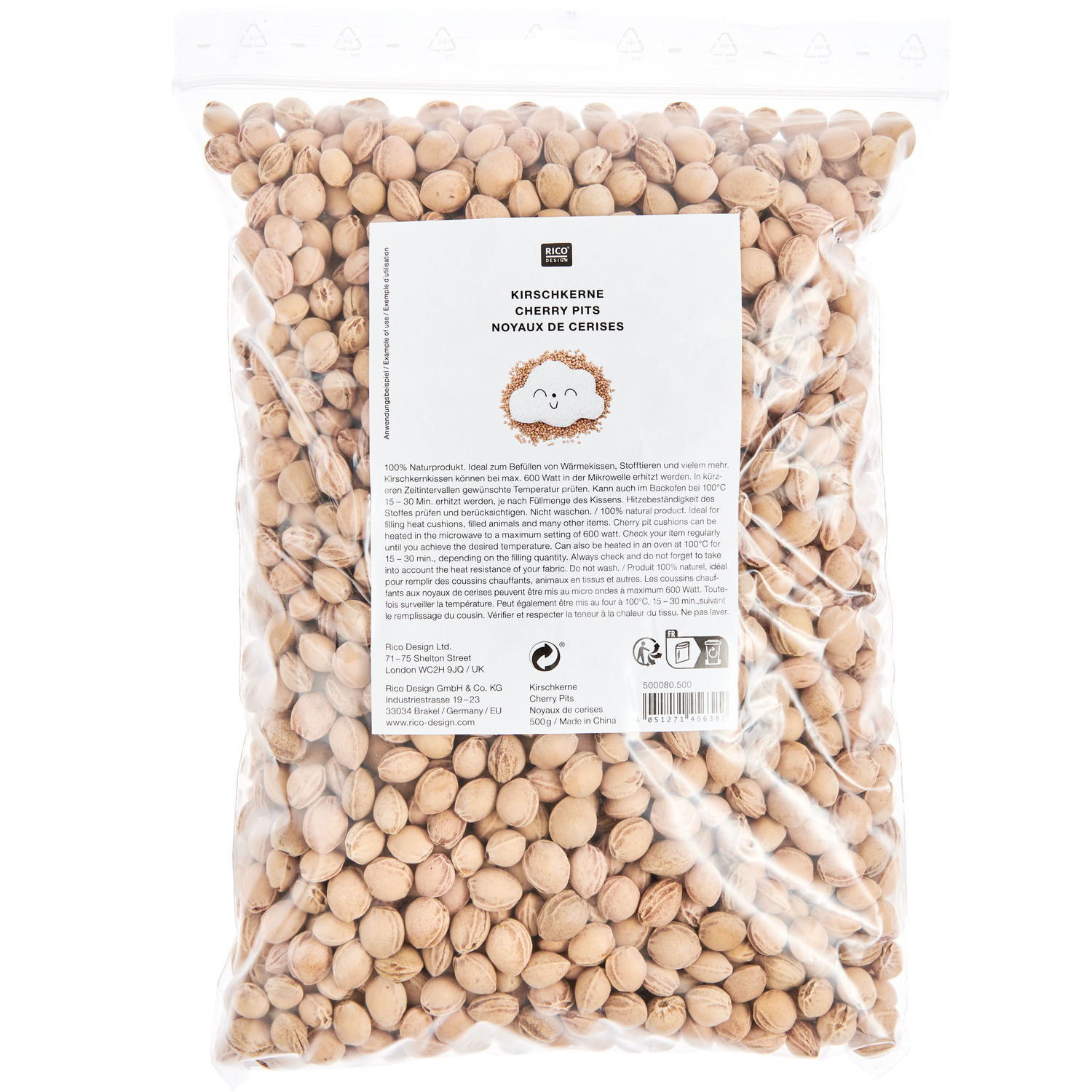 Kirschkerne 500g in transparentem Beutel von Rico Design, ideal für Wärmekissen, Naturprodukt.
