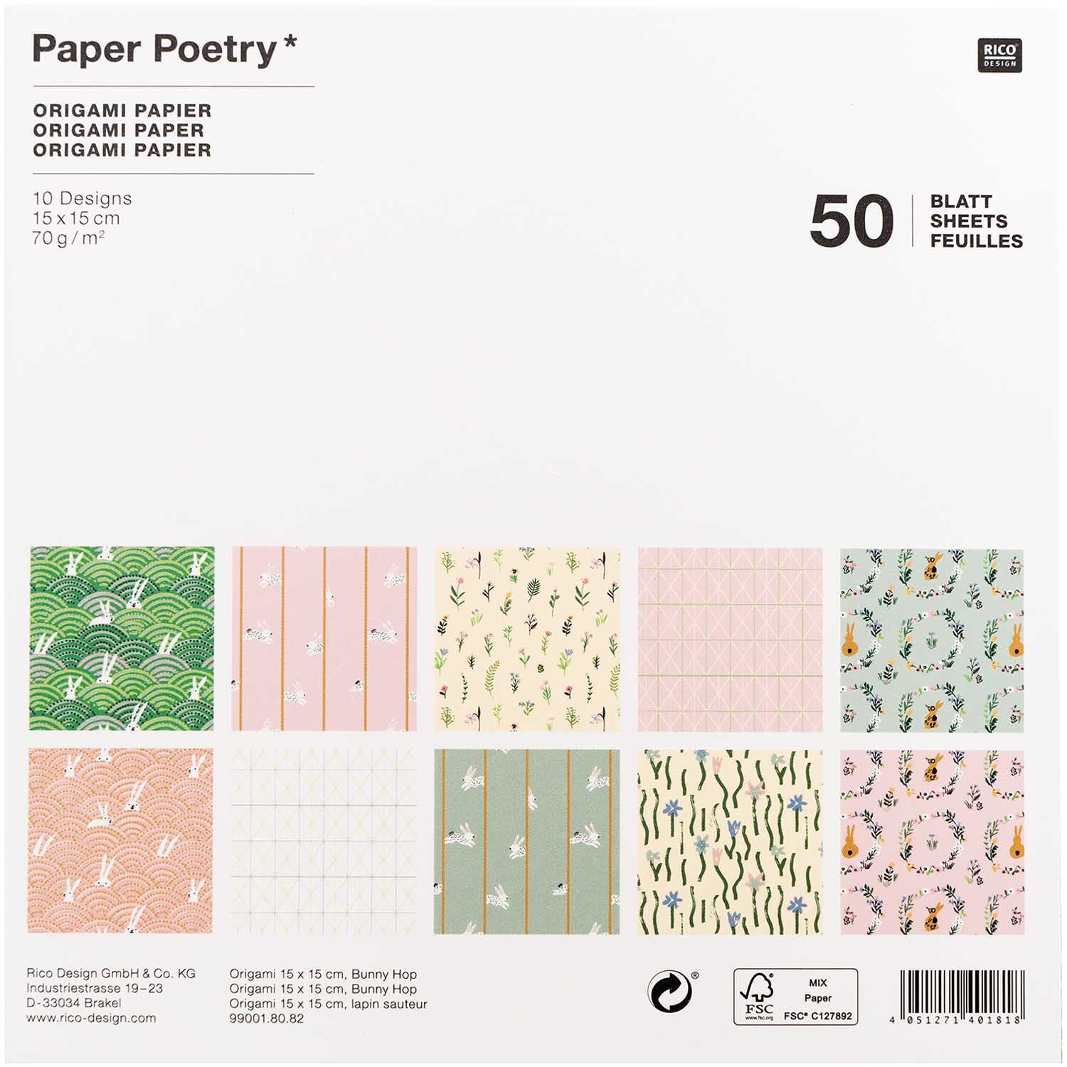 Paper Poetry Origami Bunny Hop 15x15cm 50 Blatt mit 10 bunten Designs für kreatives Falten.