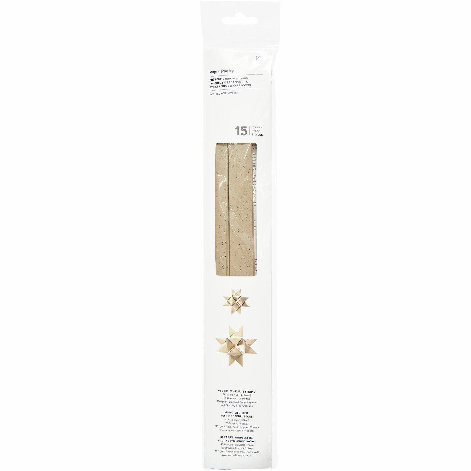 Paper Poetry Fröbelstreifen aus Recyclingpapier in Cappuccino, 120g/m², 60 Stück, von Rico Design. Verpackung zeigt Streifen und gefaltete Sterne.