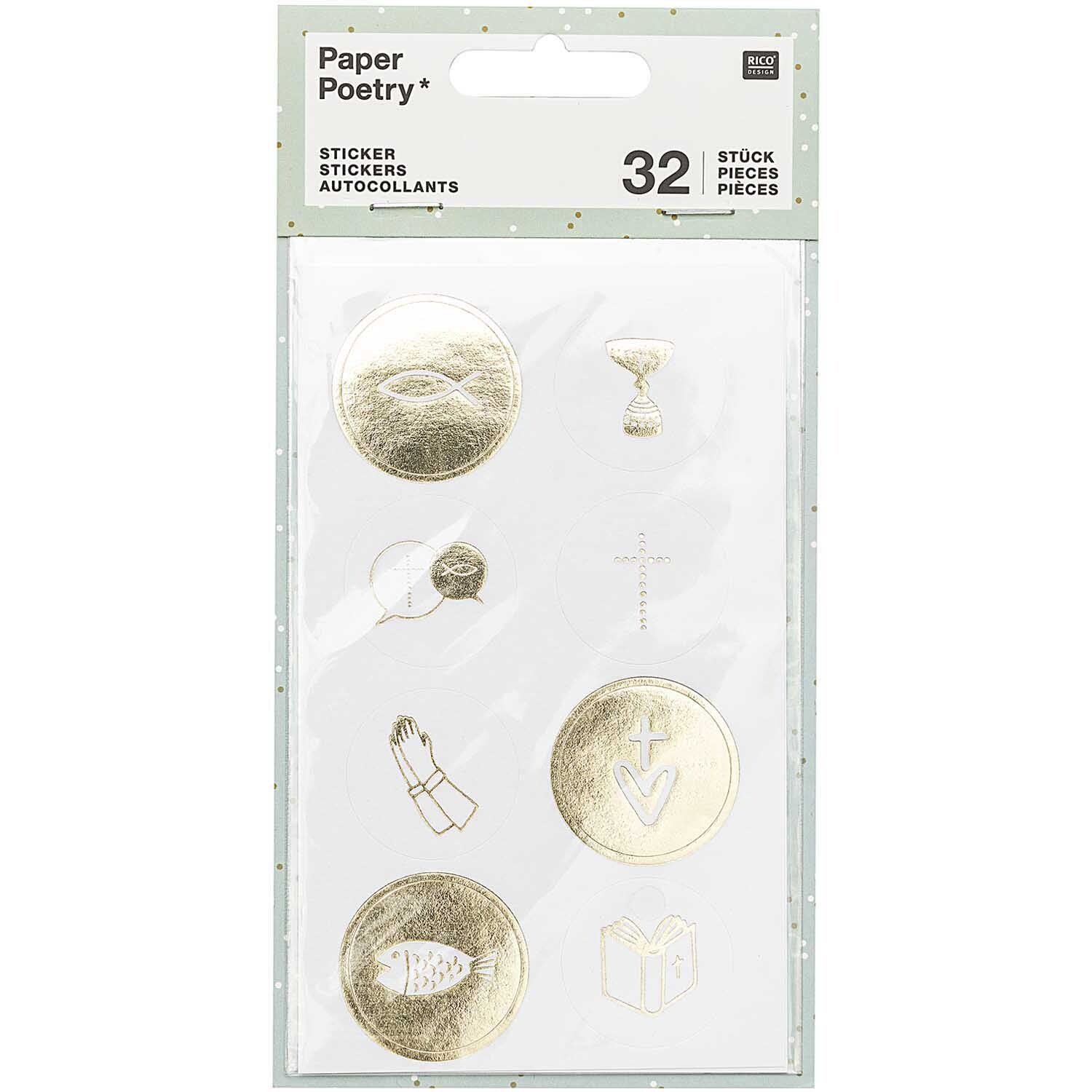 Paper Poetry Sticker Kommunion und Konfirmation in Gold, 32 Stück von Rico Design, zeigen religiöse Symbole auf weißem Hintergrund.