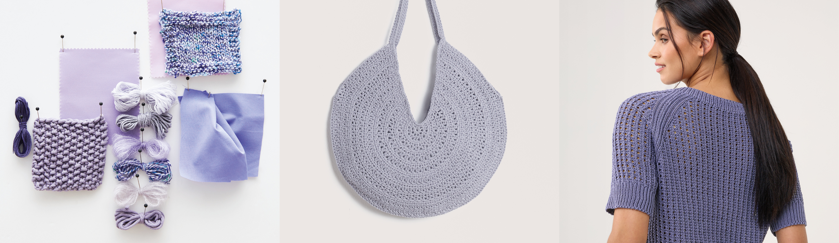 Drei Bilder nebeneinander. Verschiedene Stoffe und Strickstücke in flieder Farben, eine violette gestrickte Tasche und eine Frau mit einem lila gestrickten Pullover.
