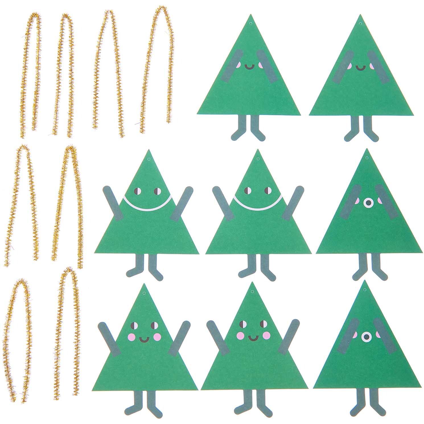 Paper Poetry Geschenkanhänger Tannen, 8 Stück, grüne Tannenbaum-Anhänger mit fröhlichen Gesichtern und goldenen Bändern von Rico Design.