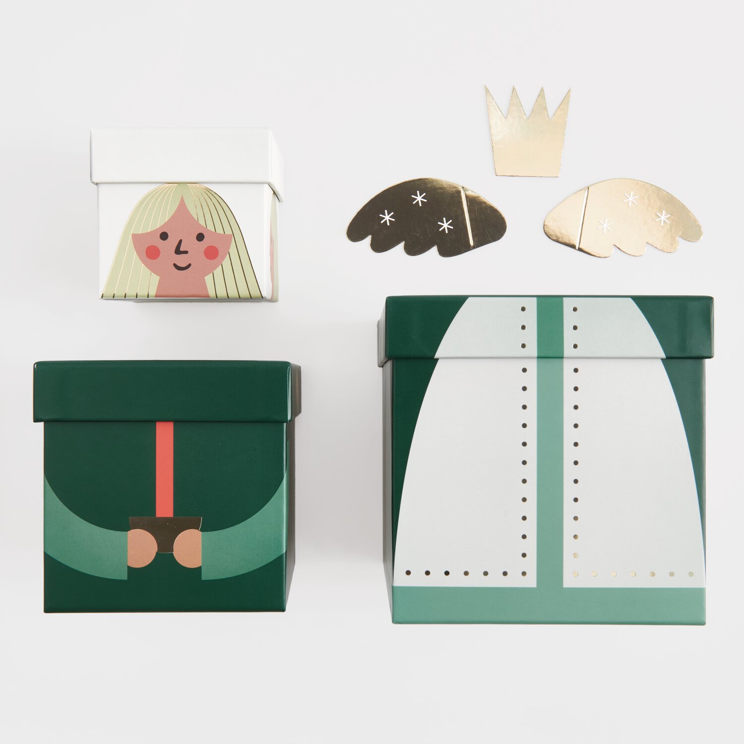 Geschenkboxen-Set Engel, 6-teilig, mit grünen und weißen Designs, ideal für festliche Anlässe.