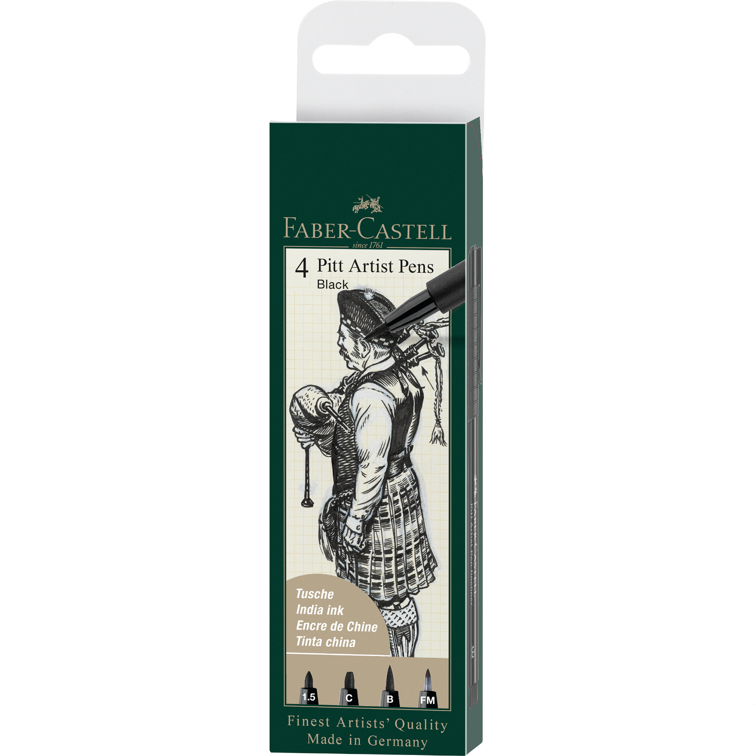Pitt Artist Pen Tuschestift Set Schwarz, 4-teilig, von Faber Castell in eleganter Verpackung mit historischem Design.