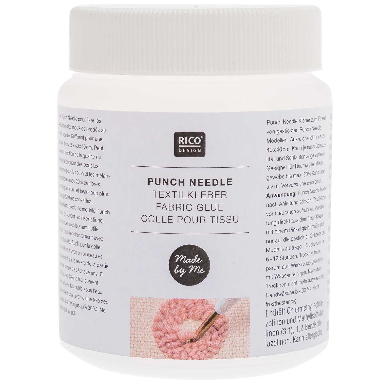 Punch Needle Textilkleber von Rico Design in weißer Flasche mit Etikett und Anleitungstext.
