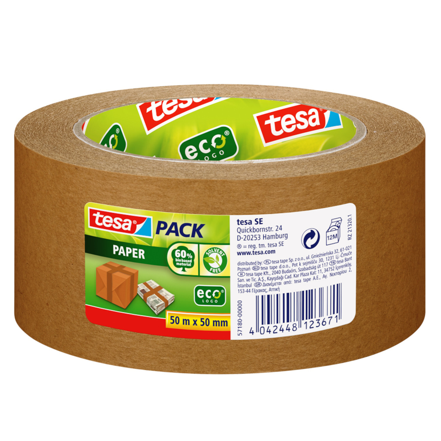 Verpackungsband 50mm von tesa: Braunes Klebeband auf Rolle, ideal für umweltfreundliches Verpacken.