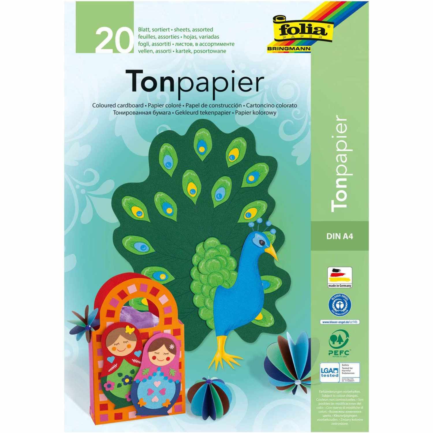 Tonpapierblock DIN A4 20 Blatt zeigt bunte Bastelideen mit Pfau und Puppenhaus, ideal für kreative Projekte.