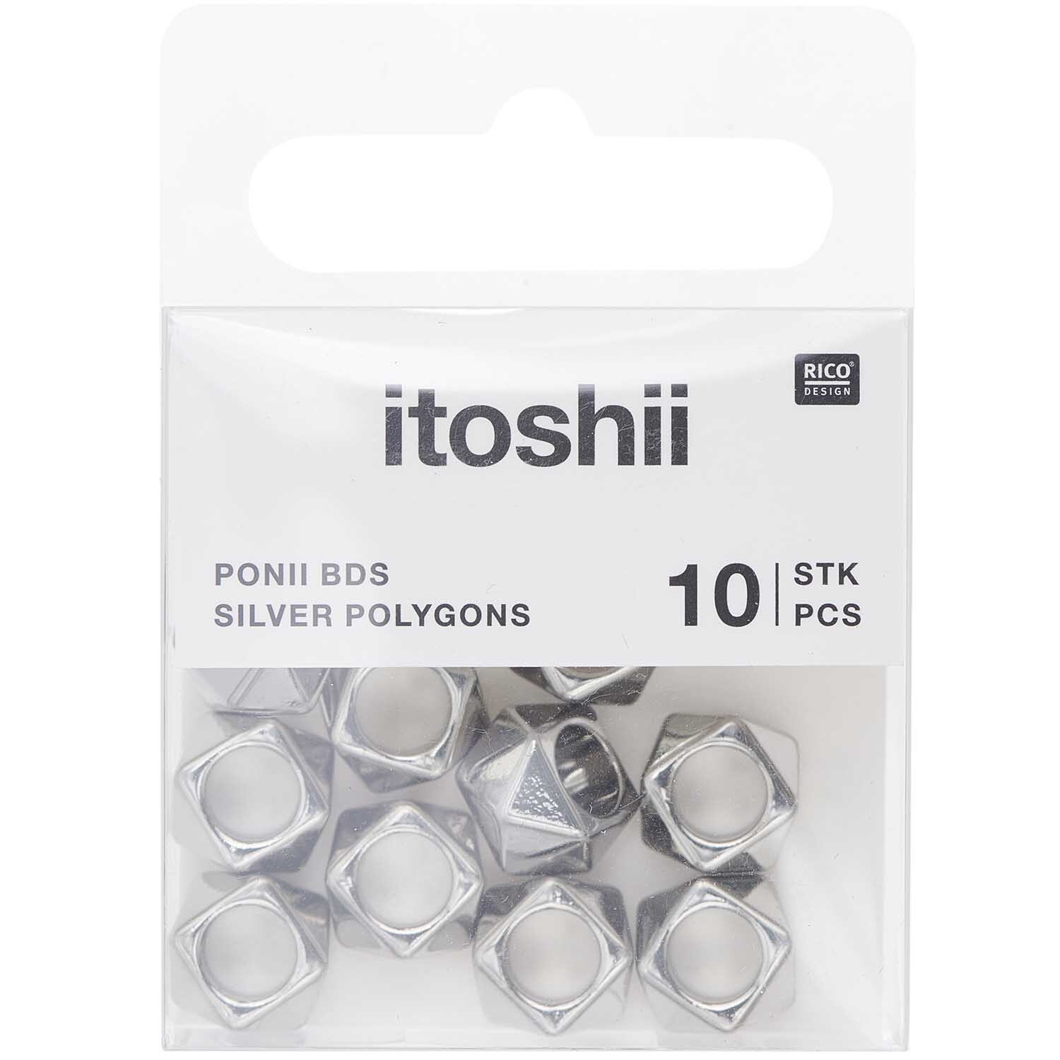 Itoshii Ponii Beads Polygone in Silber, 11x7mm, 10 Stück, präsentiert in einer transparenten Verpackung.