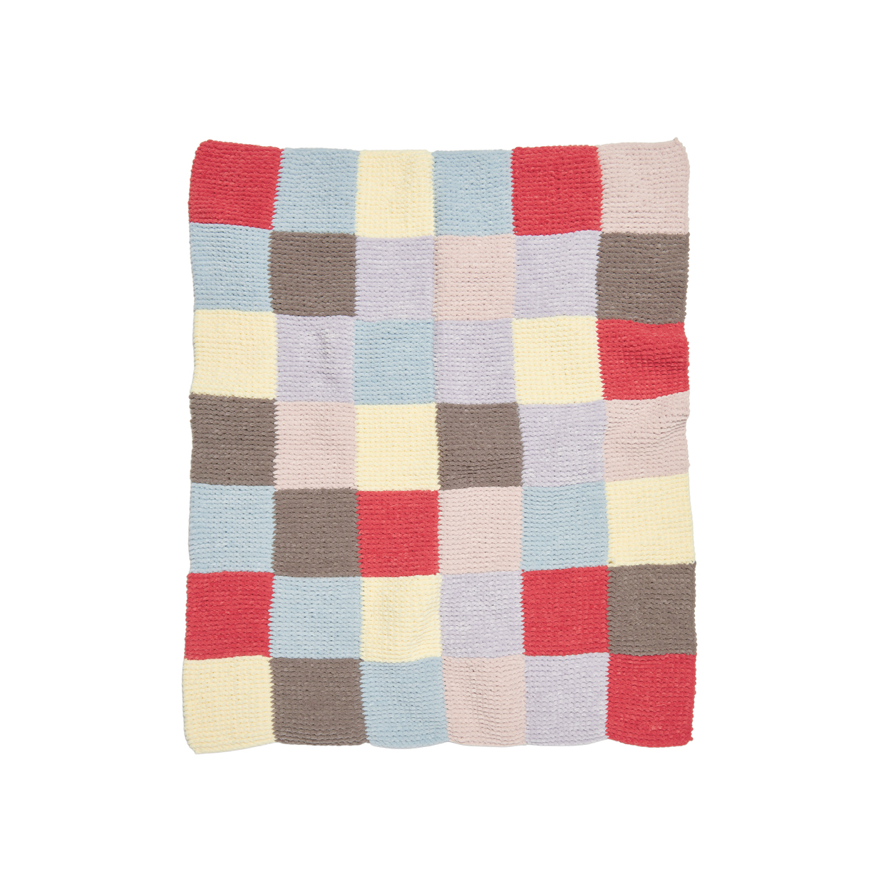 Baby-Decke aus bunten Kästchen gestrickt. Flatlay von Produkt.