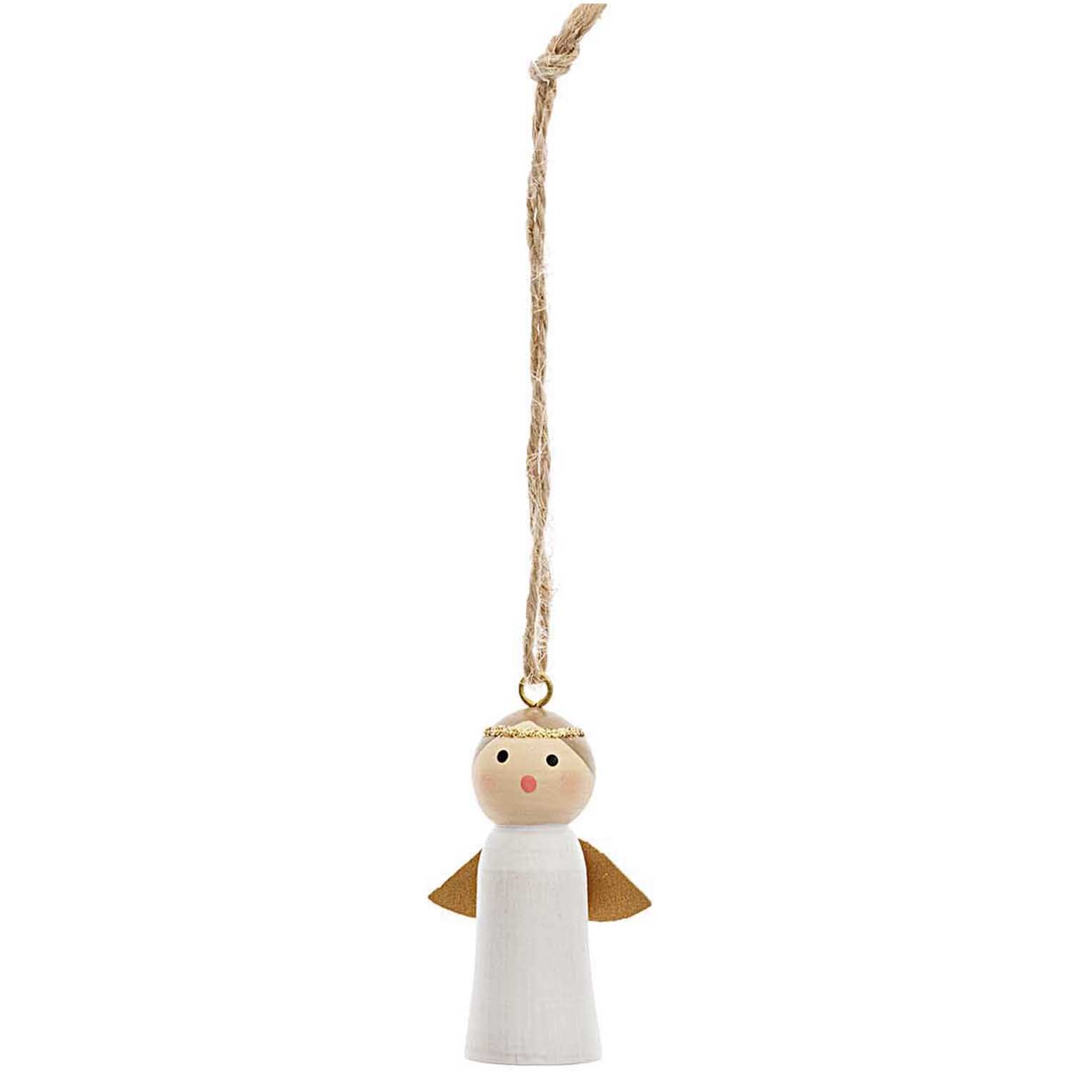 Holzhänger Engel weiß 5cm von Rico Design zeigt einen hölzernen Engel mit goldenen Flügeln an einer Schnur.