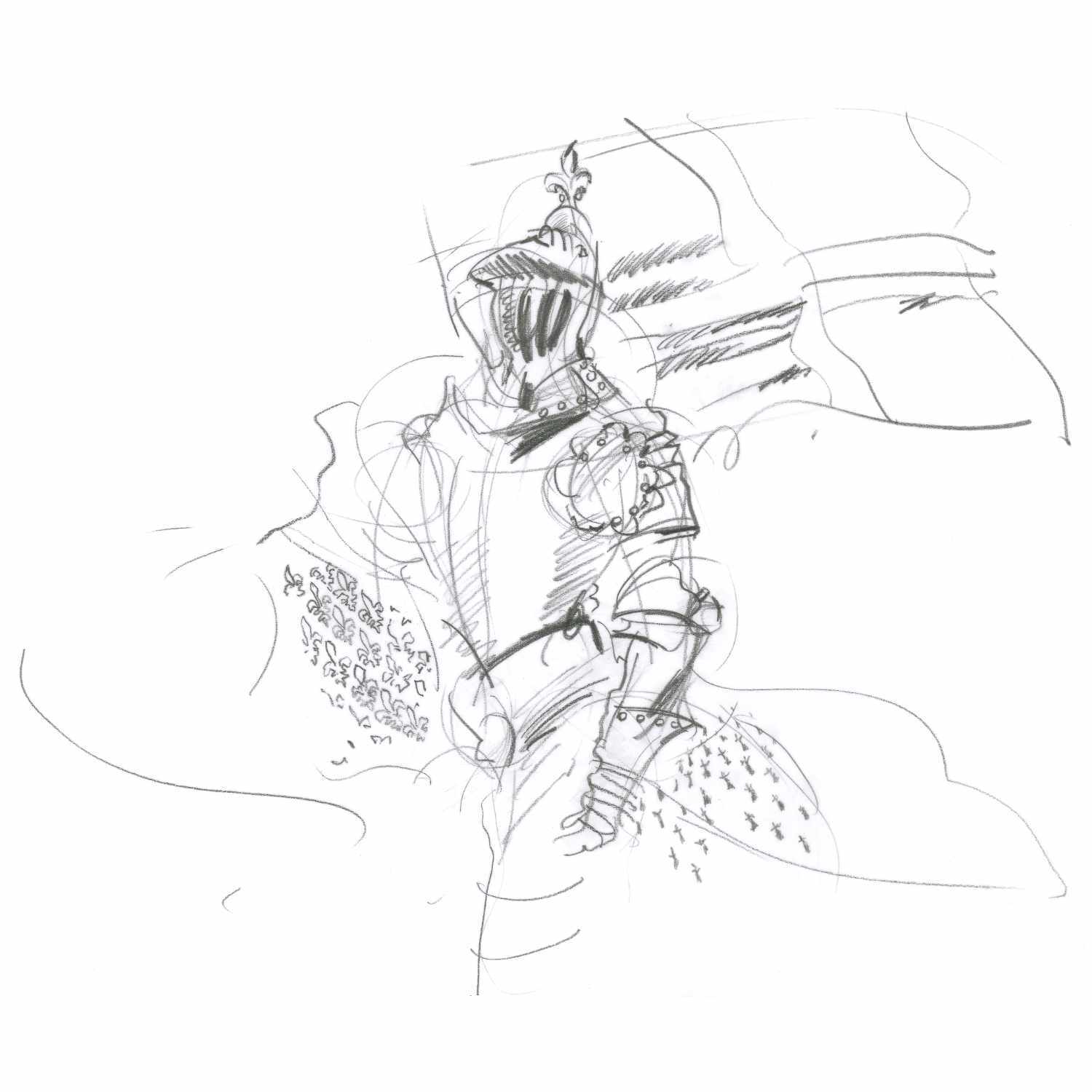 9000 Art Set: Skizze eines Ritters in Rüstung, gezeichnet mit Faber Castell Stiften, 12-teilig.