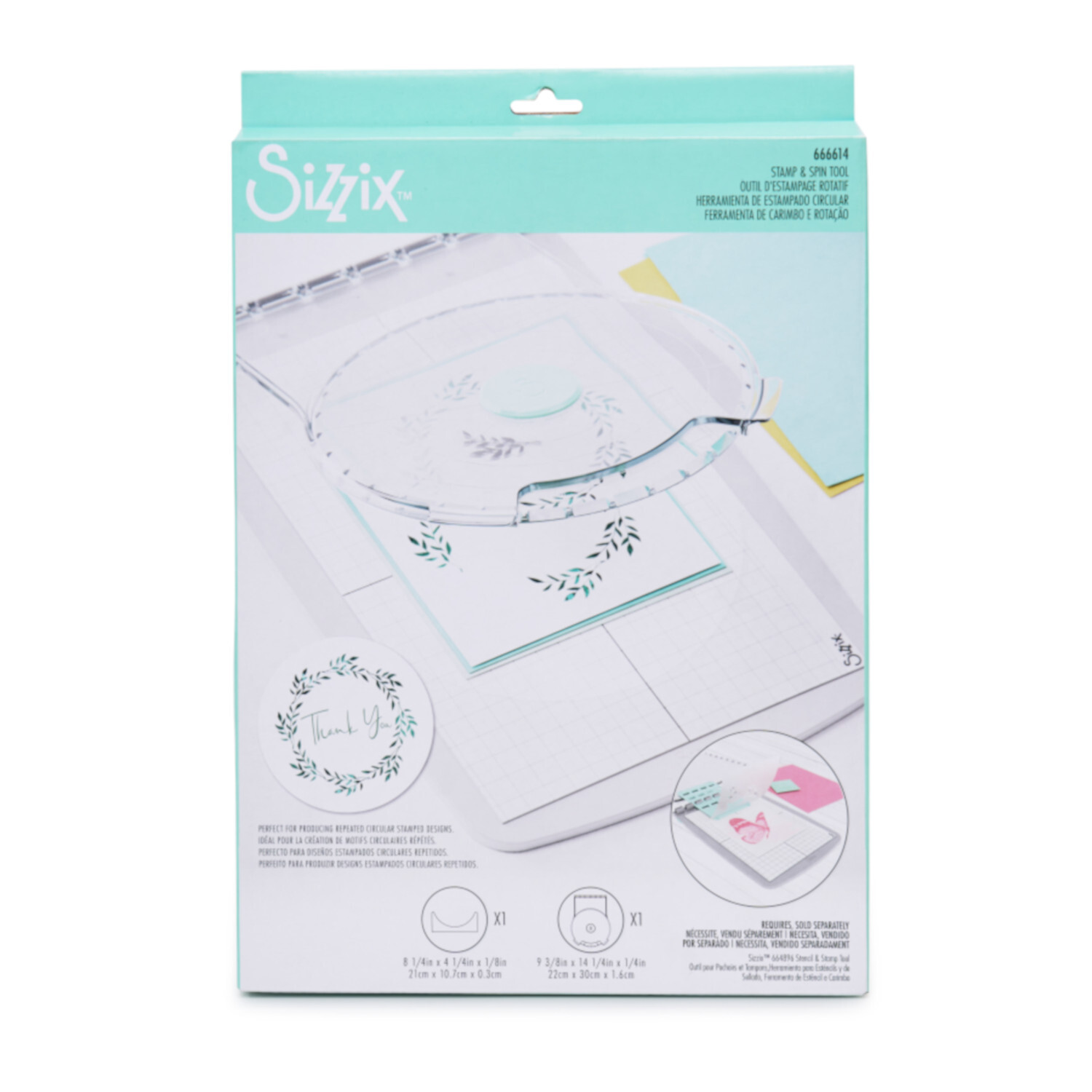 Stencil & Stamp Tool Accessory Stamp & Spin Tool von Sizzix, ideal für präzises Stempeln und Schablonieren. Enthält ein rundes, transparentes Werkzeug.