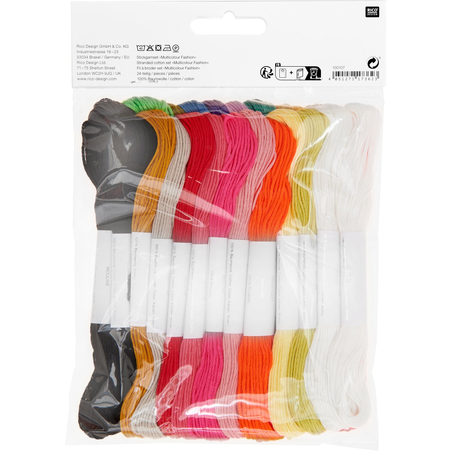 Stickgarn Set Multicolour Fashion, 24-teilig, von Rico Design. Verschiedene bunte Fäden in einer Verpackung.