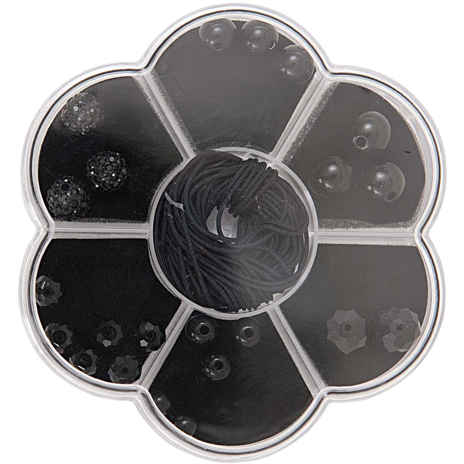 Makramee-Glasschliffset schwarz, 22-teilig von Rico Design. Enthält Perlen und Schnur in schwarzem Organizer. Ideal für kreative Projekte.