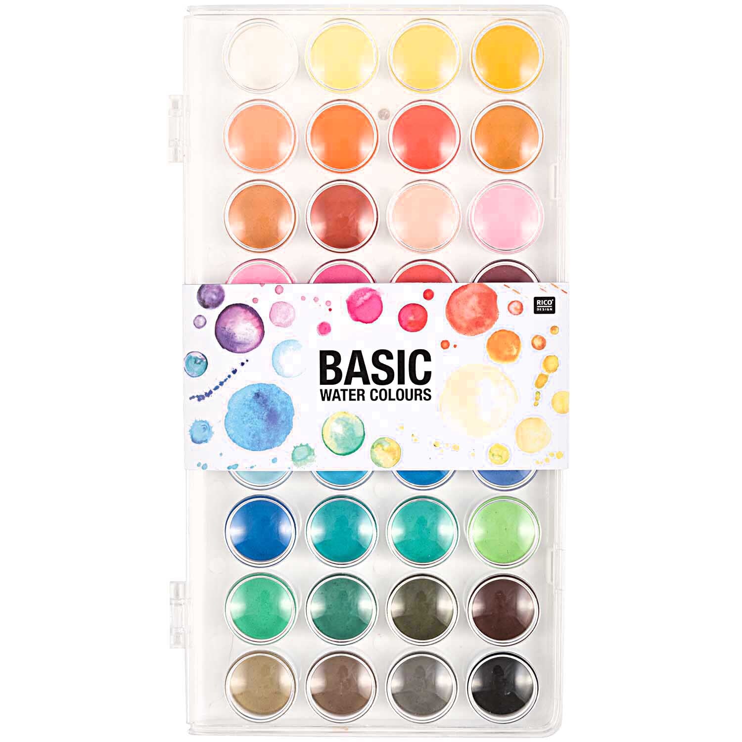 Basic Water Colours Wasserfarbkasten mit 36 leuchtenden Farben von Rico Design, ideal für kreative Projekte.
