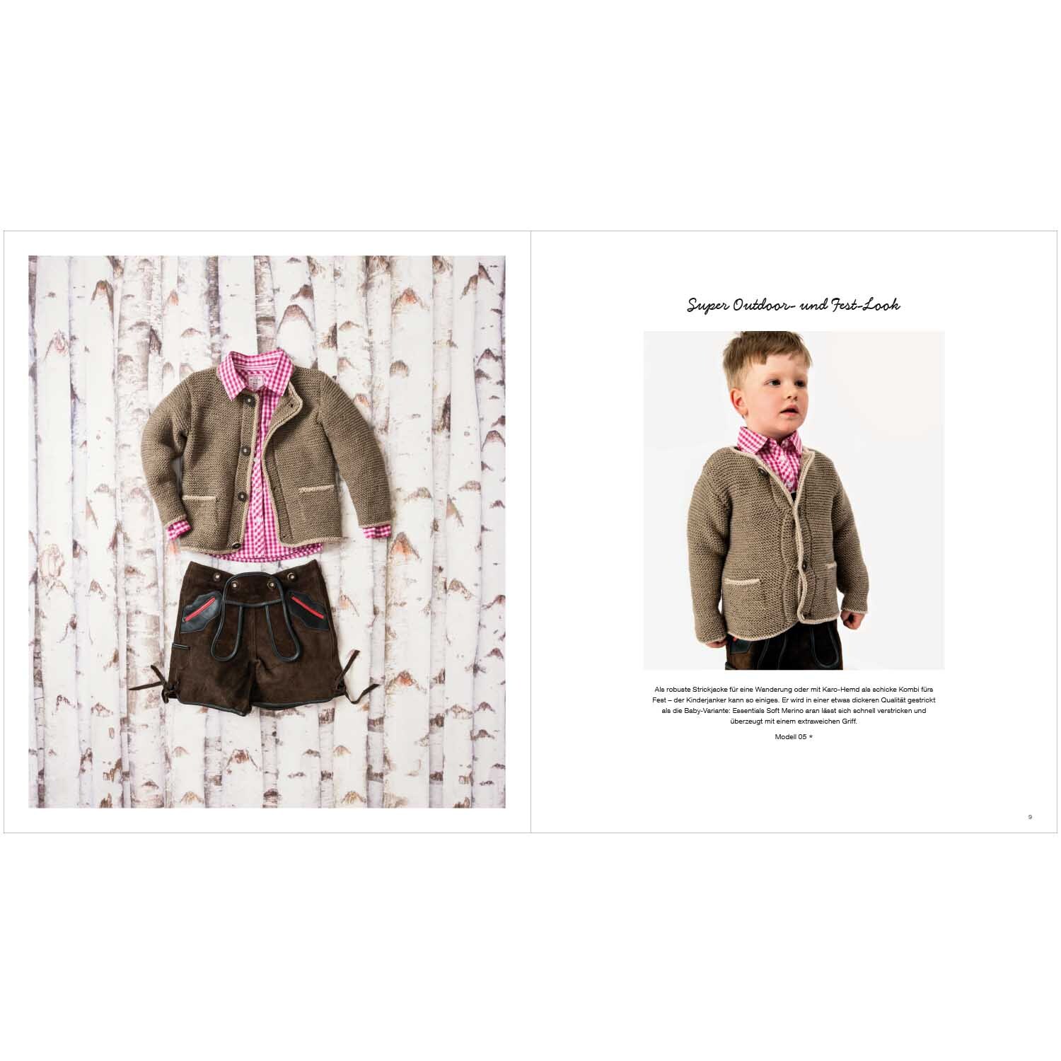 Trachtenbuch Alpine Knits: Kinder in traditioneller Tracht mit brauner Jacke und kariertem Hemd vor Birkenwald-Hintergrund.