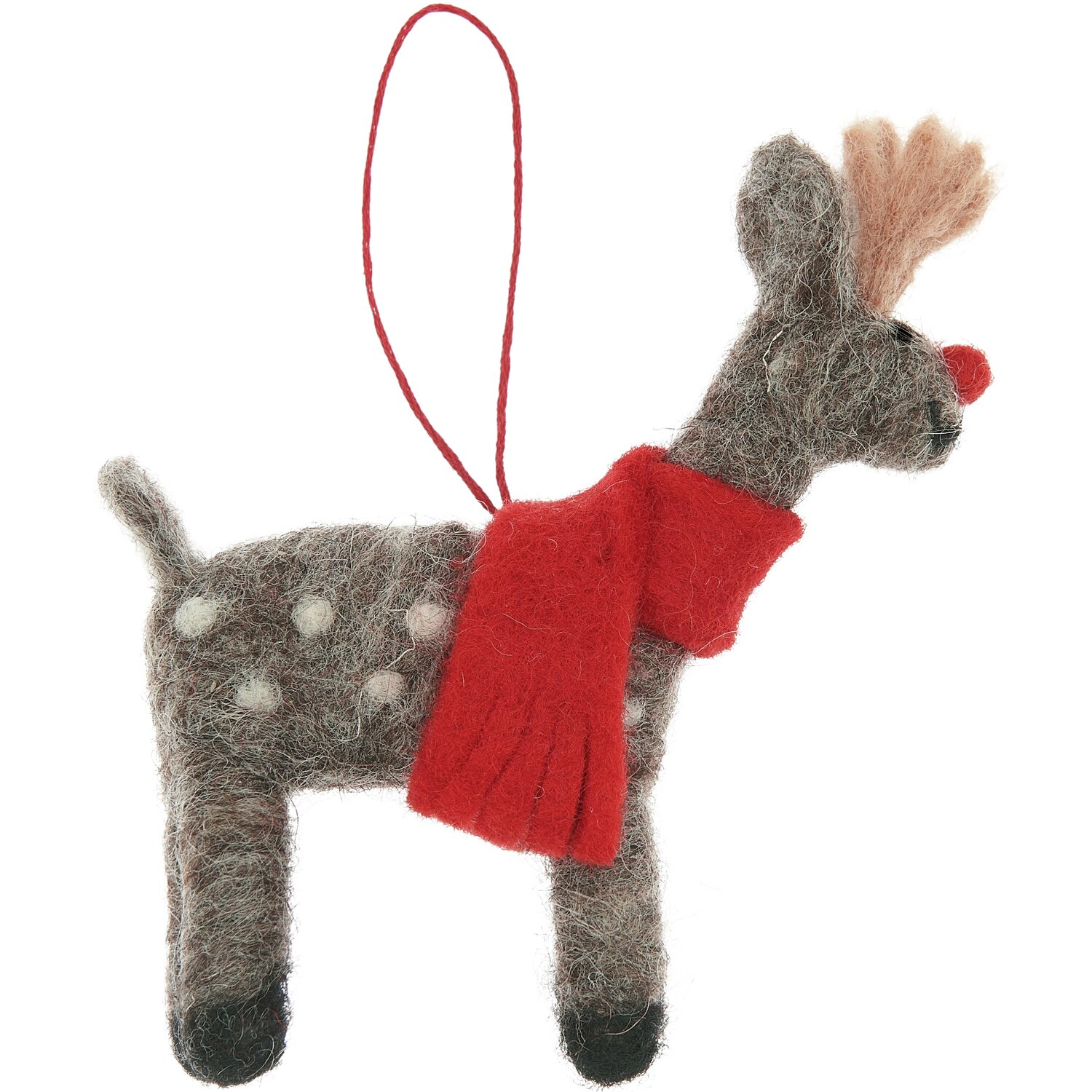 Aufhänger Filz-Hirsch mit Schal: Niedlicher Hirsch aus Filz mit rotem Schal, ideal als Weihnachtsdekoration. Maße: 12x8x2,5cm.