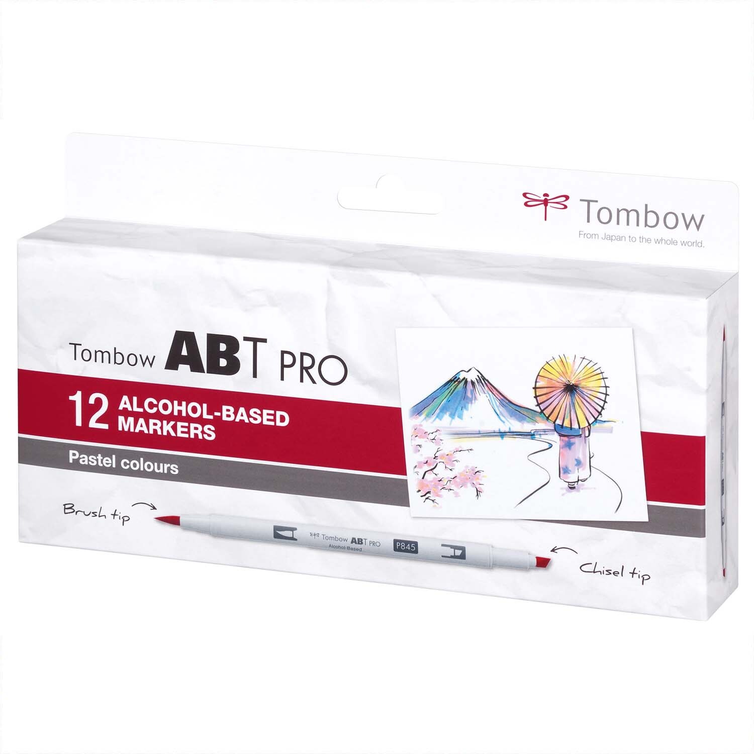 ABT PRO Pastell Colours Alkoholbasierte Marker von Tombow, 12-teilig, in einer Verpackung mit Zeichnung eines Berges und einer Blume.