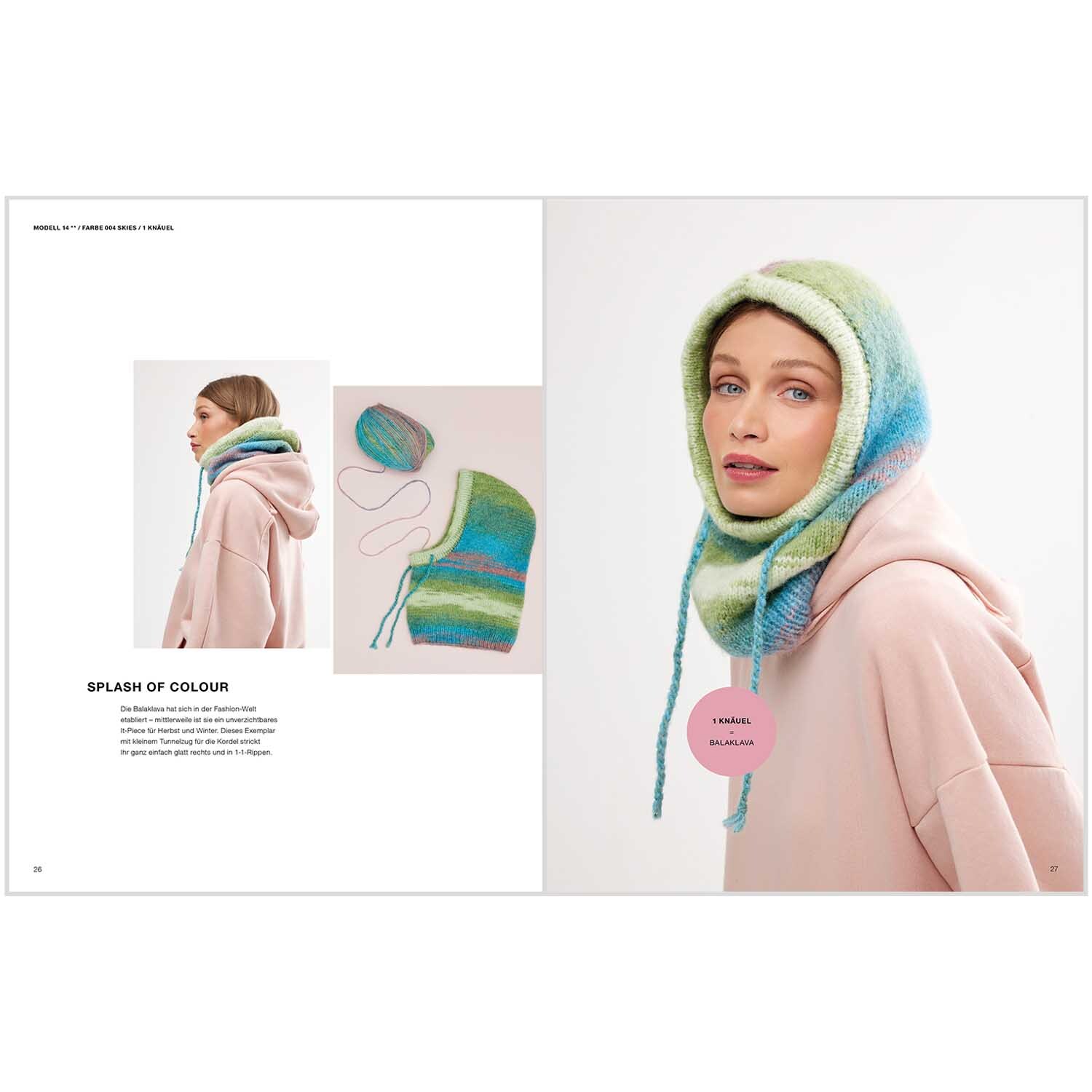 Creative Painted Power Special: Frau trägt gestrickte Mütze und Schal in Pastellfarben, Marke Rico Design.