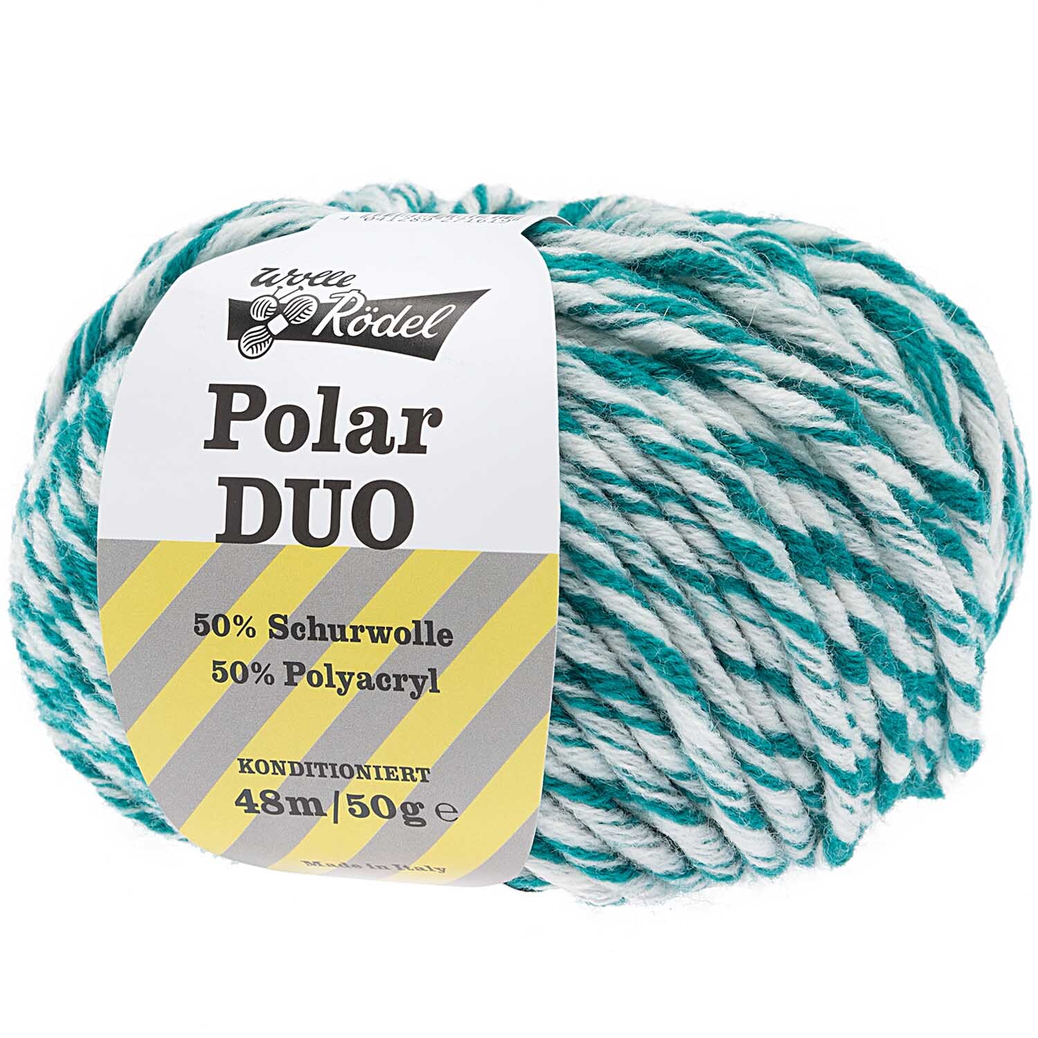 Garnknäuel Polar Duo in Weiß/Petrol von Wolle Rödel, 50g, 48m, ideal für Strickprojekte.