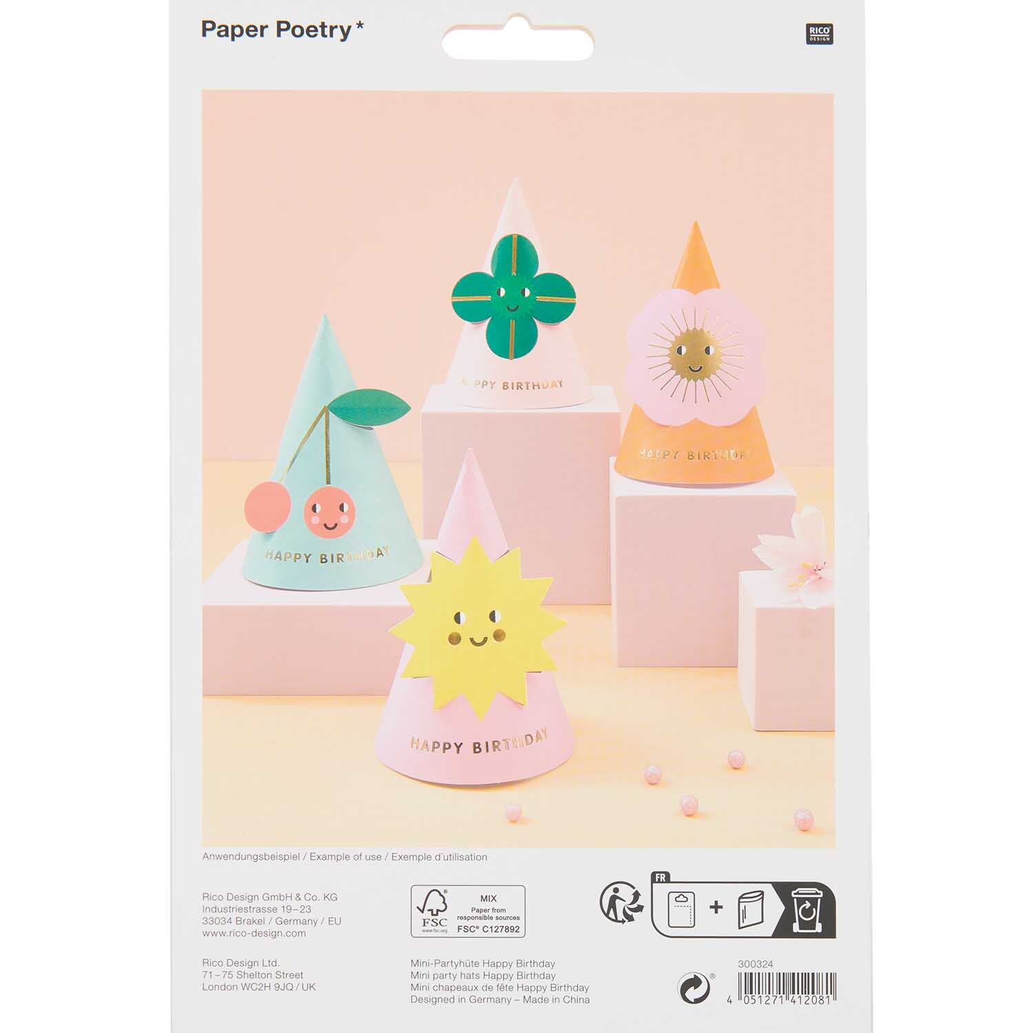Paper Poetry Mini Partyhüte Happy Birthday 12cm: Vier bunte Partyhüte mit fröhlichen Motiven wie Sonne und Kirschen auf pastellfarbenem Hintergrund.
