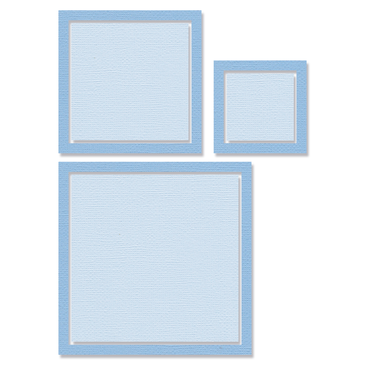 Framelits Die Set Square Frames 6PK: Drei blaue quadratische Rahmen von Sizzix, ideal für Bastelprojekte.