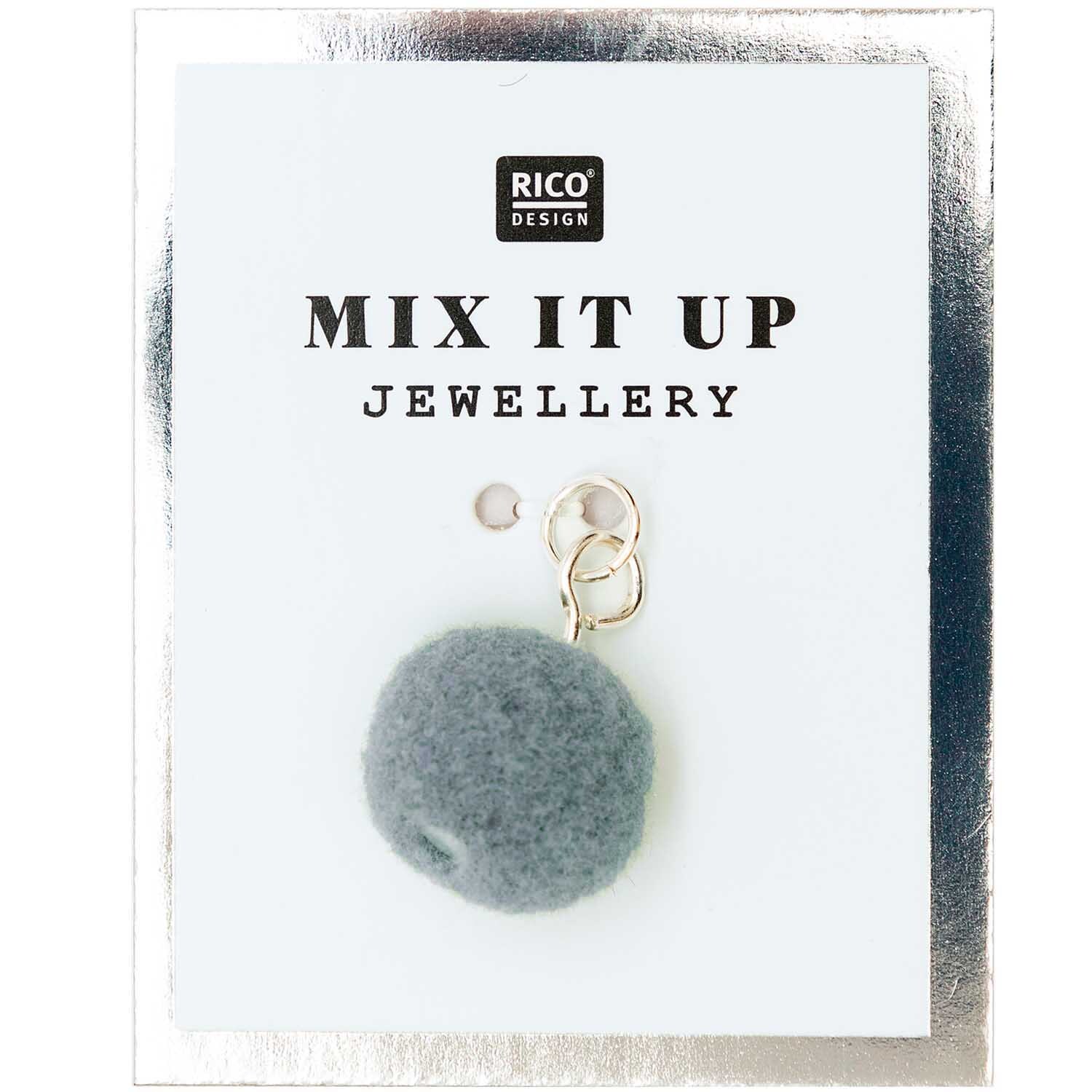 Mix it Up - Jewellery Mini-Pompon 12mm: Ein silber-türkiser Pompon von Rico Design auf einer Karte. Ideal für kreativen Schmuck.