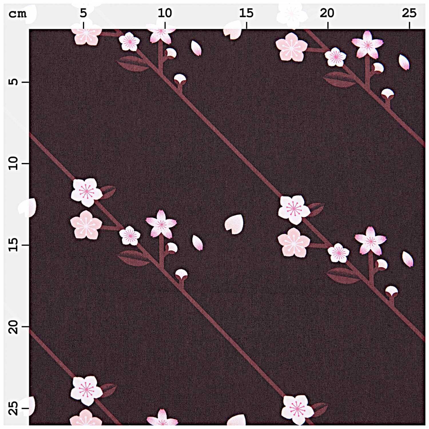 Stoffabschnitt Baumwoll-Popelin mit zarten Sakura-Zweigen auf schwarzem Hintergrund, ideal für Nähprojekte. Marke: Rico Design.
