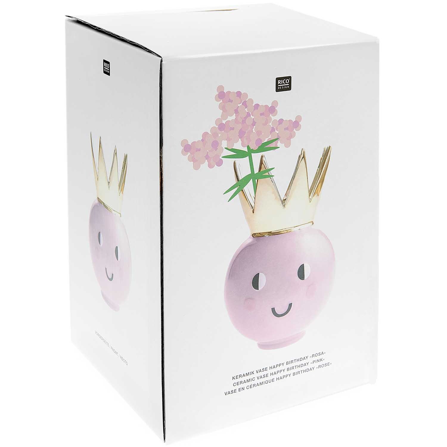 Keramik Vase Krone Ø15cm H22,8cm von Rico Design in Rosa mit goldener Krone und Blumenmotiv.