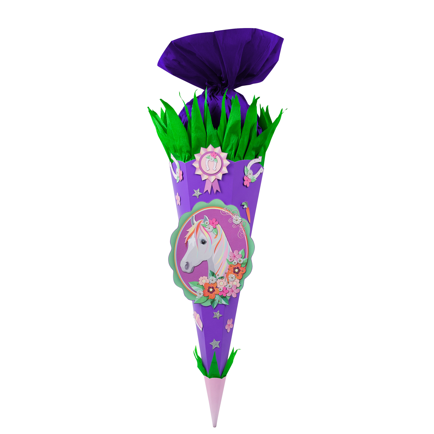 Schultüte Bastelset Reitsport, lila mit Pferdemotiv, grüne Details, 70cm, ideal für Schulanfang.