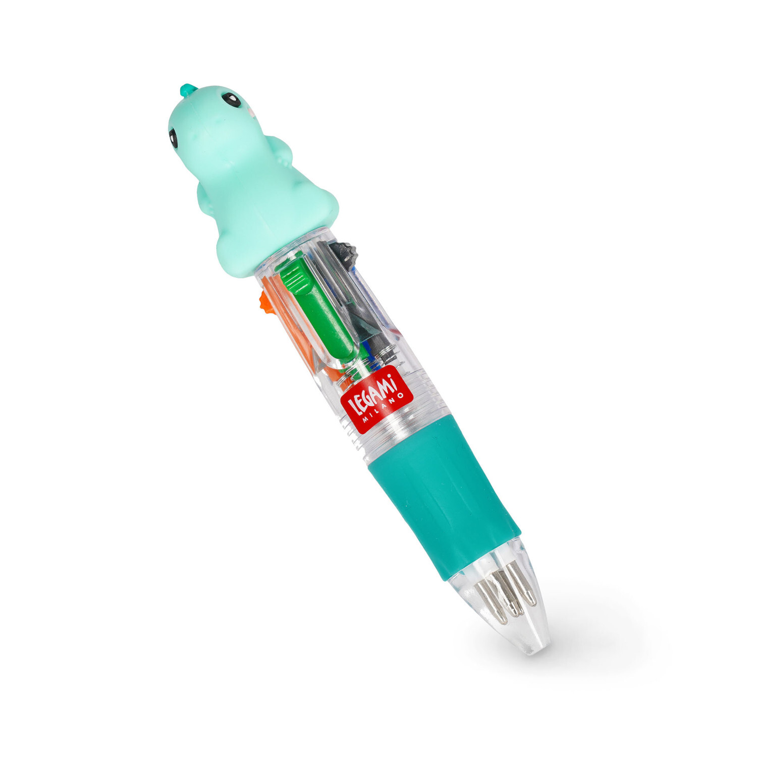Mini Magic Kugelschreiber Dino mit niedlichem Dino-Design und vier Farben von Legami. Ideal für kreative Notizen.