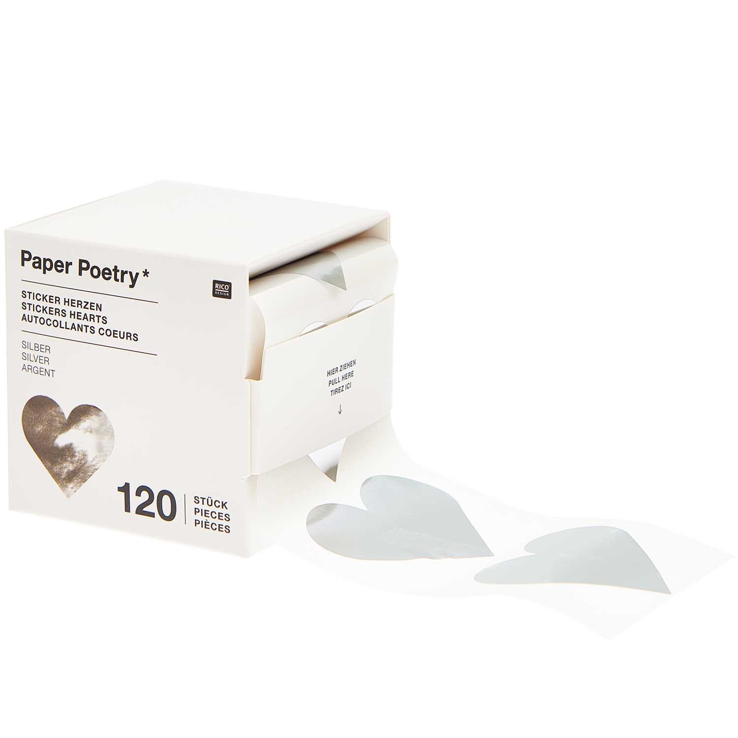 Paper Poetry Sticker Herzen auf Rolle, 120 Stück, silberne Herzsticker in eleganter Verpackung. Ideal für kreative Projekte und Dekorationen.