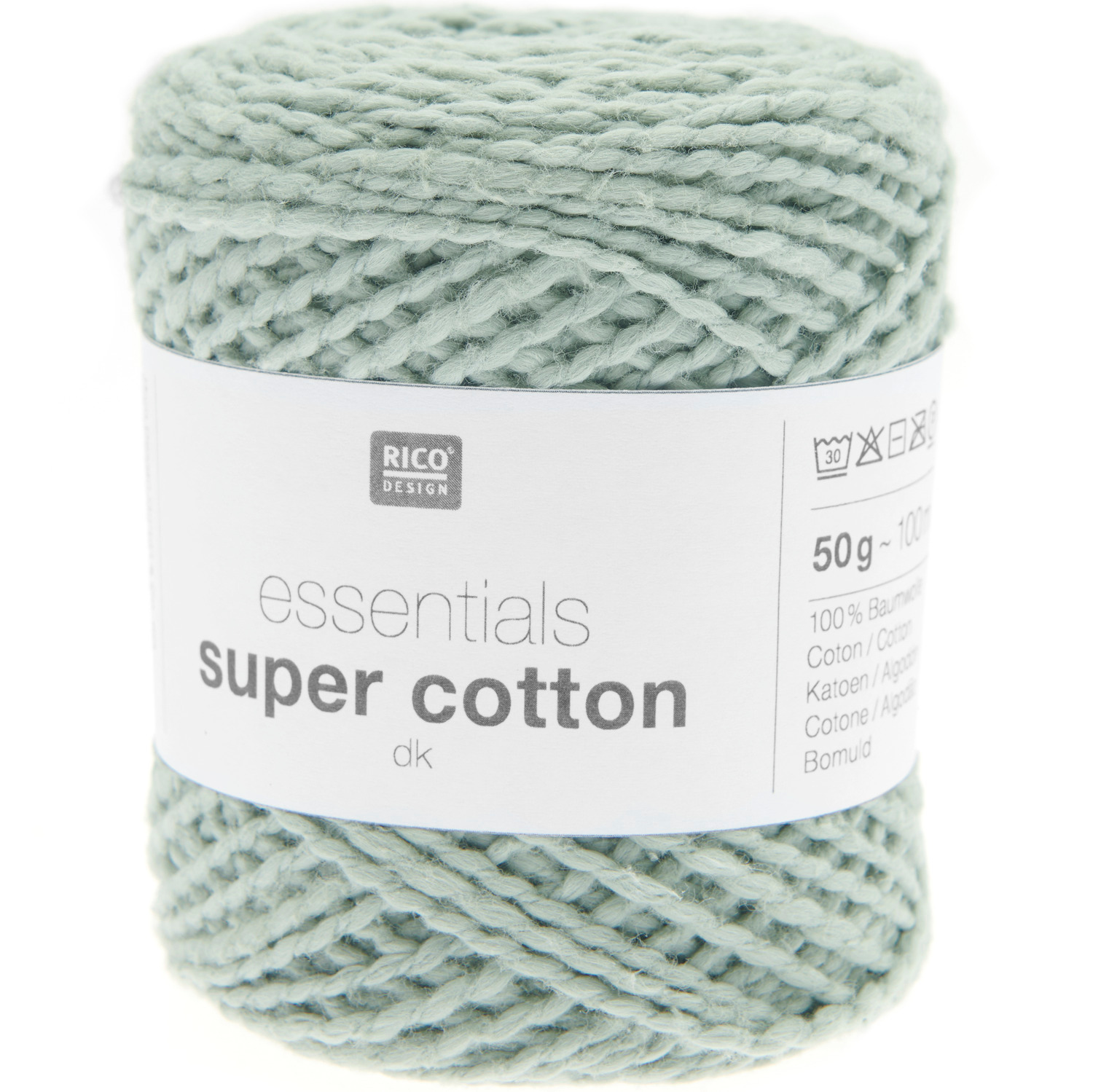 Essentials Super Cotton dk: Weiches, salbeifarbenes Garn von Rico Design, ideal für Häkel- und Strickprojekte.