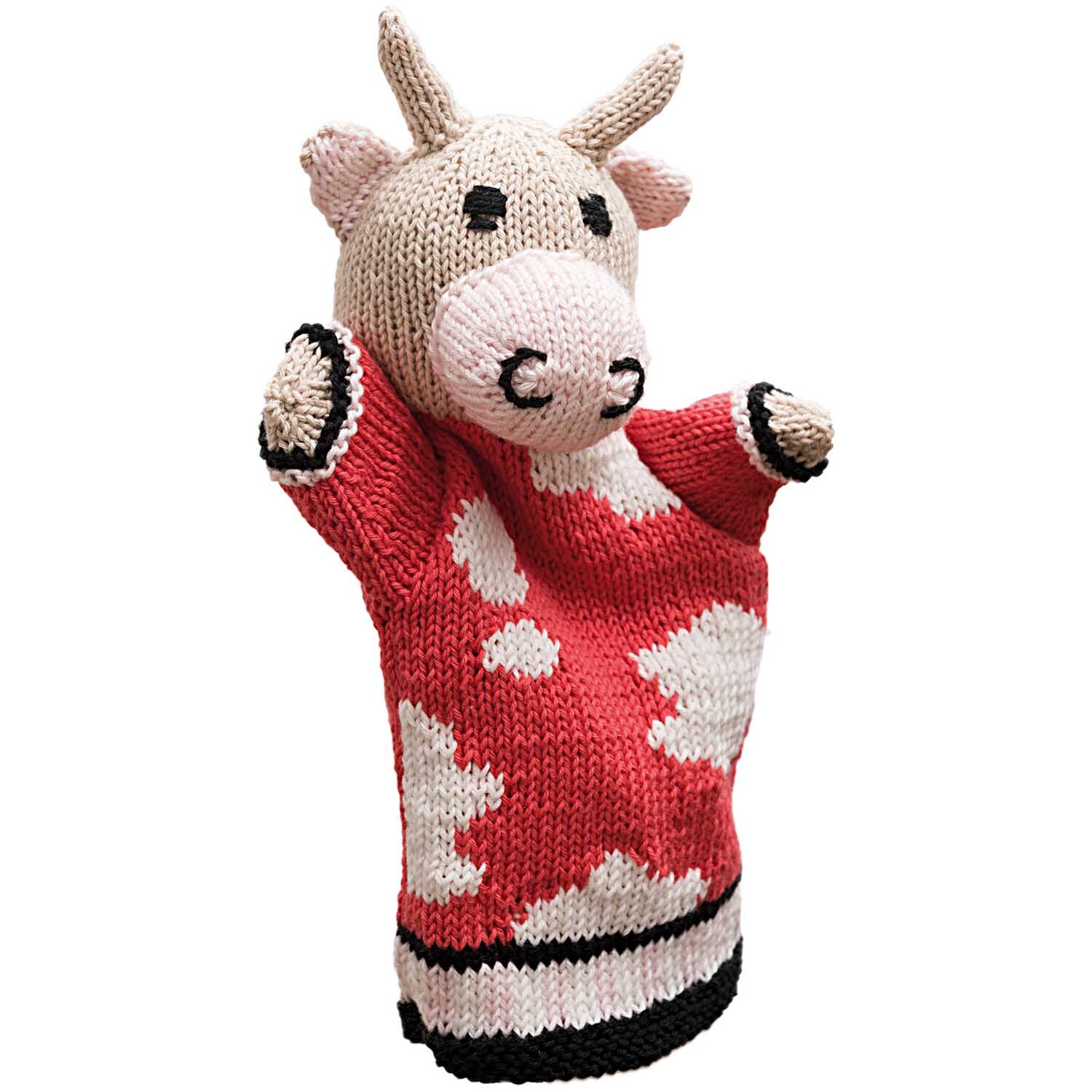 Strickset Handpuppe Kuh Lucy: Handgestrickte Kuh-Handpuppe in Rot mit weißen Flecken von Rico Design. Ideal für kreative Spielstunden.